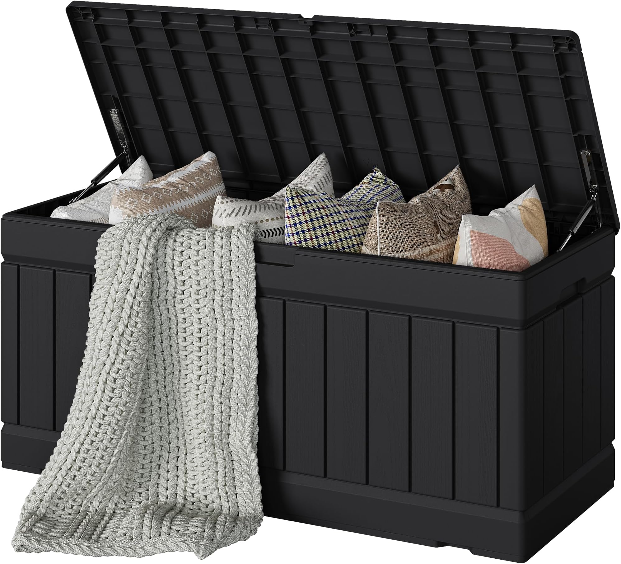 Devoko 78 Gallon Deck Box, Waterproof Resin Outdoor Storage Box for Outside and Patio, Outdoor Storage Bench Lockable for Patio Furniture, Garden Tools and Pool Supplies (Black, 78 Gallon)