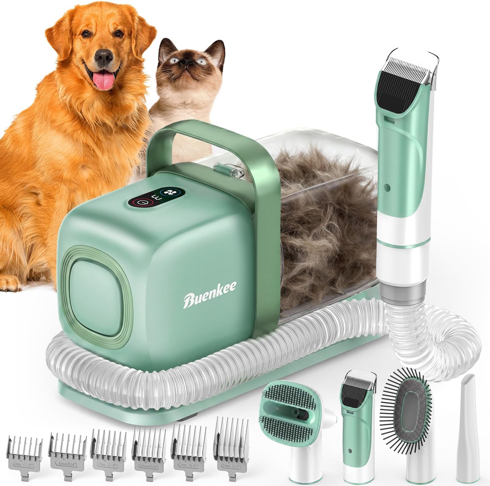 buenkee Dog Grooming Kit with Vacuum, 15000Pa Pet Hair Clipper and Shedding Brush, 50dB Low Noise, 2L Capacity, Green