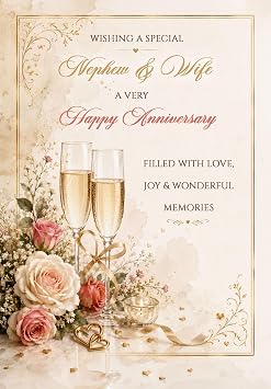 Nephew & Wife Anniversary Card - Personalise with Any Names, Relation and/or Year - Congratulations Champagne Glasses Design - LUXURY TEXTURED CARD - POSTED SAME DAY - FULL COLOUR INSIDE!