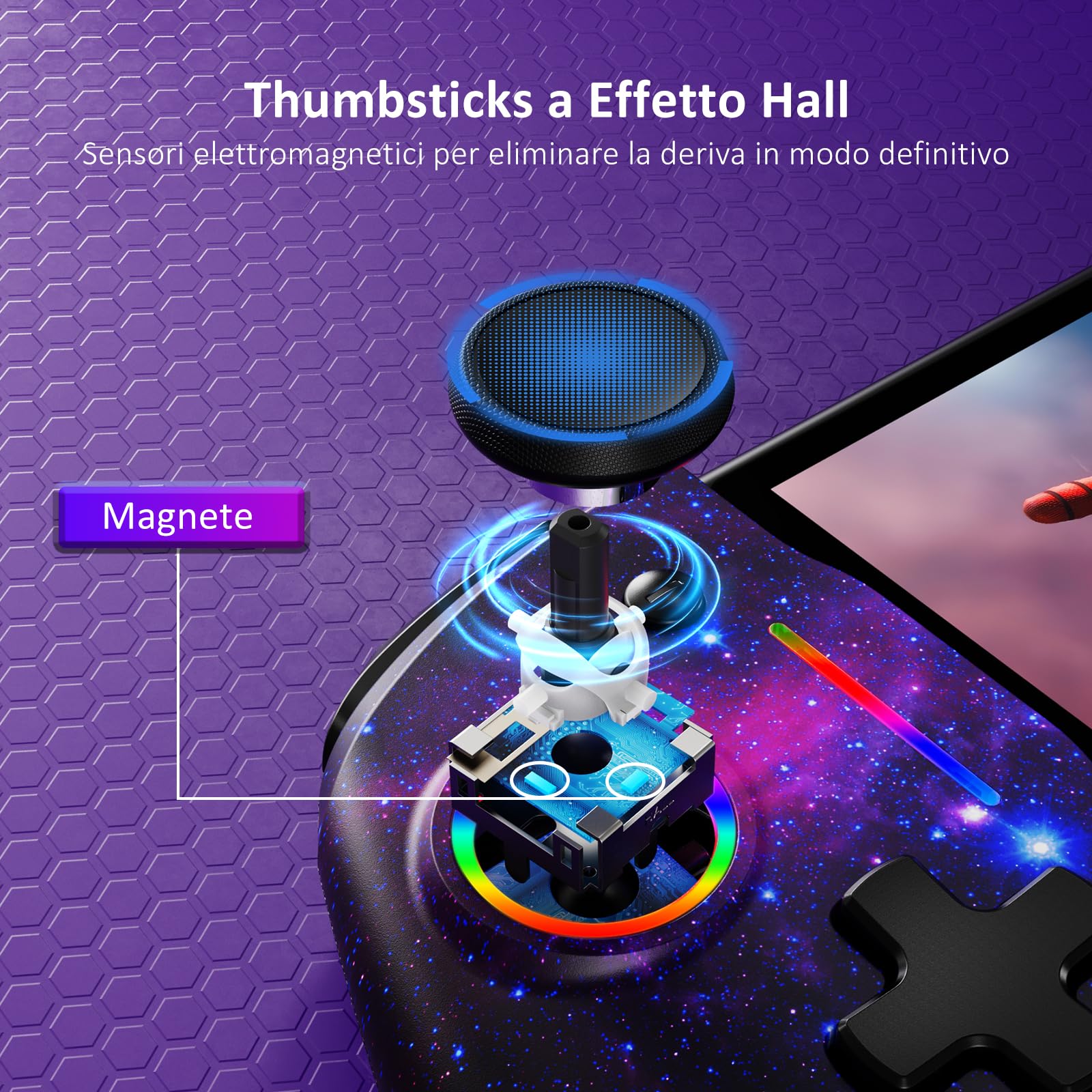NexiGo Hall Effect Gripcon (Nessun Drift, Nessuna Deadzone) con Joystick a Effetto Hall per Switch/Switch OLED, Luce RGB Regolabile, giroscopio a 6 Assi, Turbo, Mappatura (Cosmic Nebula)