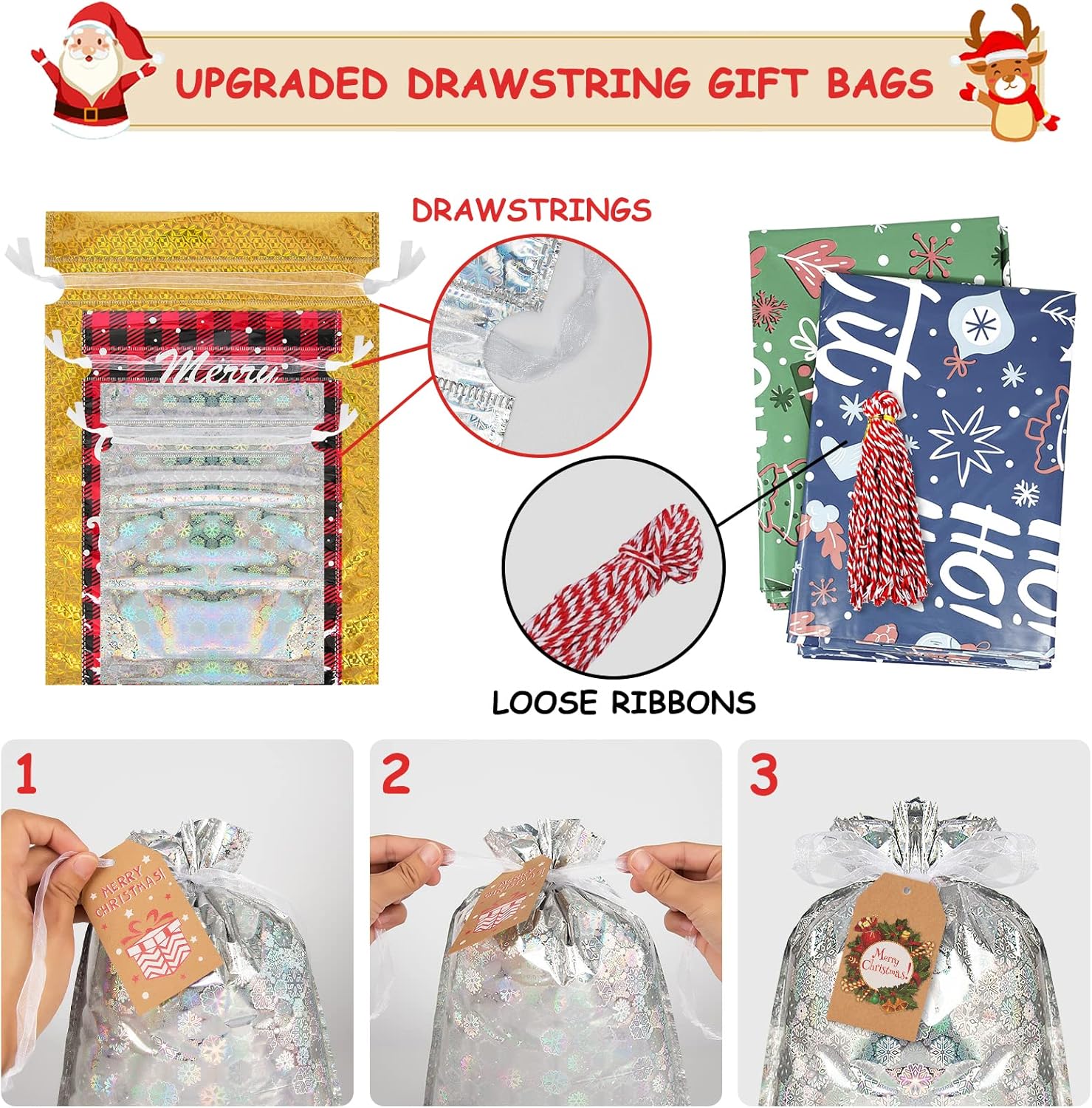Lousrnman 50PCS Christmas Gift Bags, 50× Large Drawstring Bags for Presents, 60× Kraft Paper Tags and 2× 390in Ribbon Ties, 10× Patterns Holiday Gift Bags in 5× Sizes (Large Jumbo Medium Small)