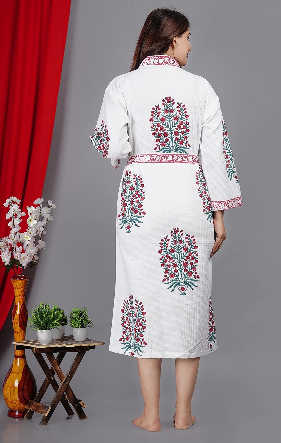 Waffle Cotton Handprinted Bath Robe Summer Hotel Kimono Floral Spa Beach Coverup Long Bohemian Hippie Swim Wear