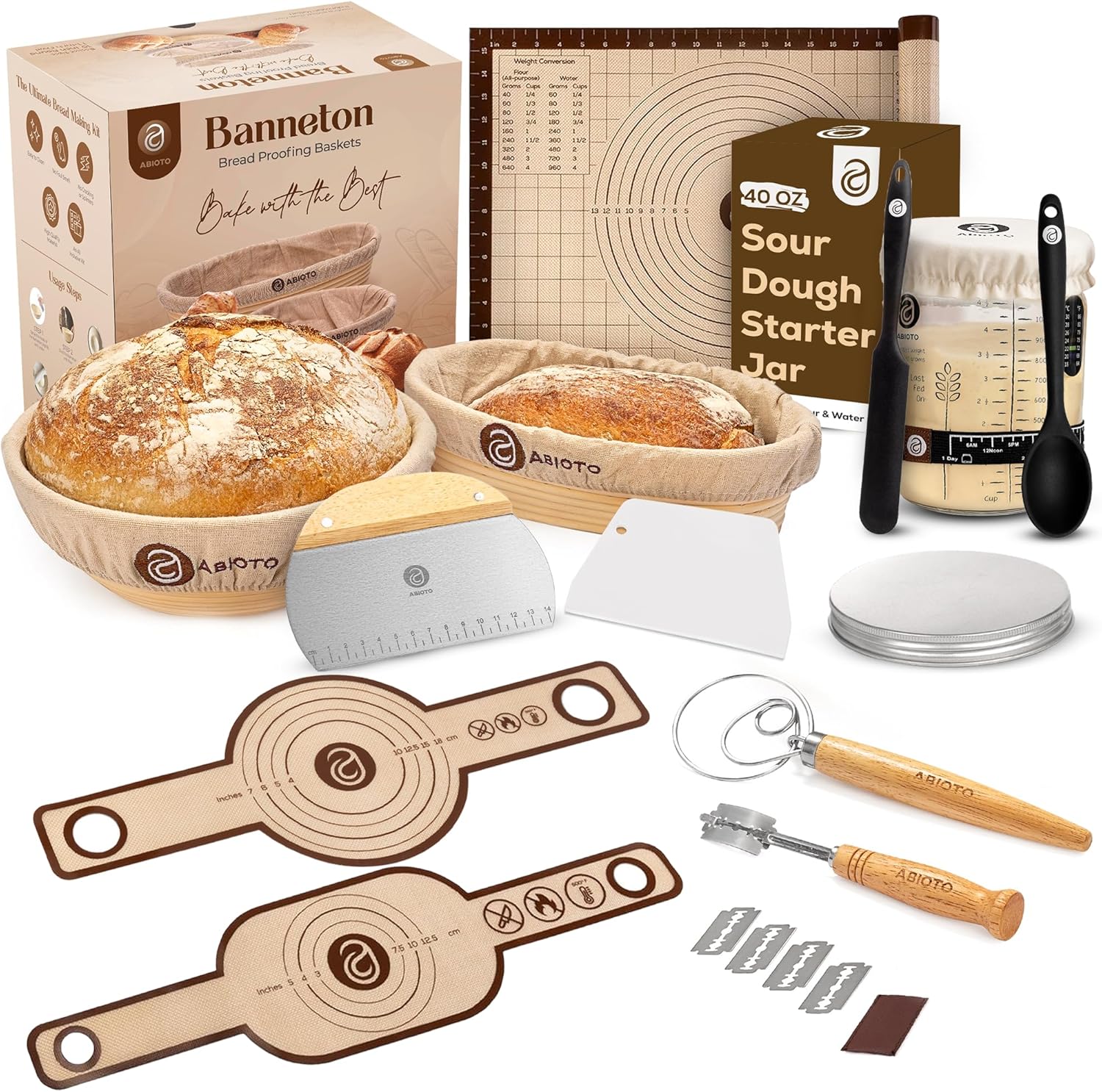 Sourdough Starter Kit with 10" Round & 11" Oval Bannetons, 40 oz Starter Jar, and Sourdough Bread Baking Supplies Including Lame, Whisk, Scrapers, Slings, Mat, Silicone Spatula & Cloth Covers