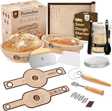 Sourdough Starter Kit with 10" Round & 11" Oval Bannetons, 40 oz Starter Jar, and Sourdough Bread Baking Supplies Including Lame, Whisk, Scrapers, Slings, Mat, Silicone Spatula & Cloth Covers