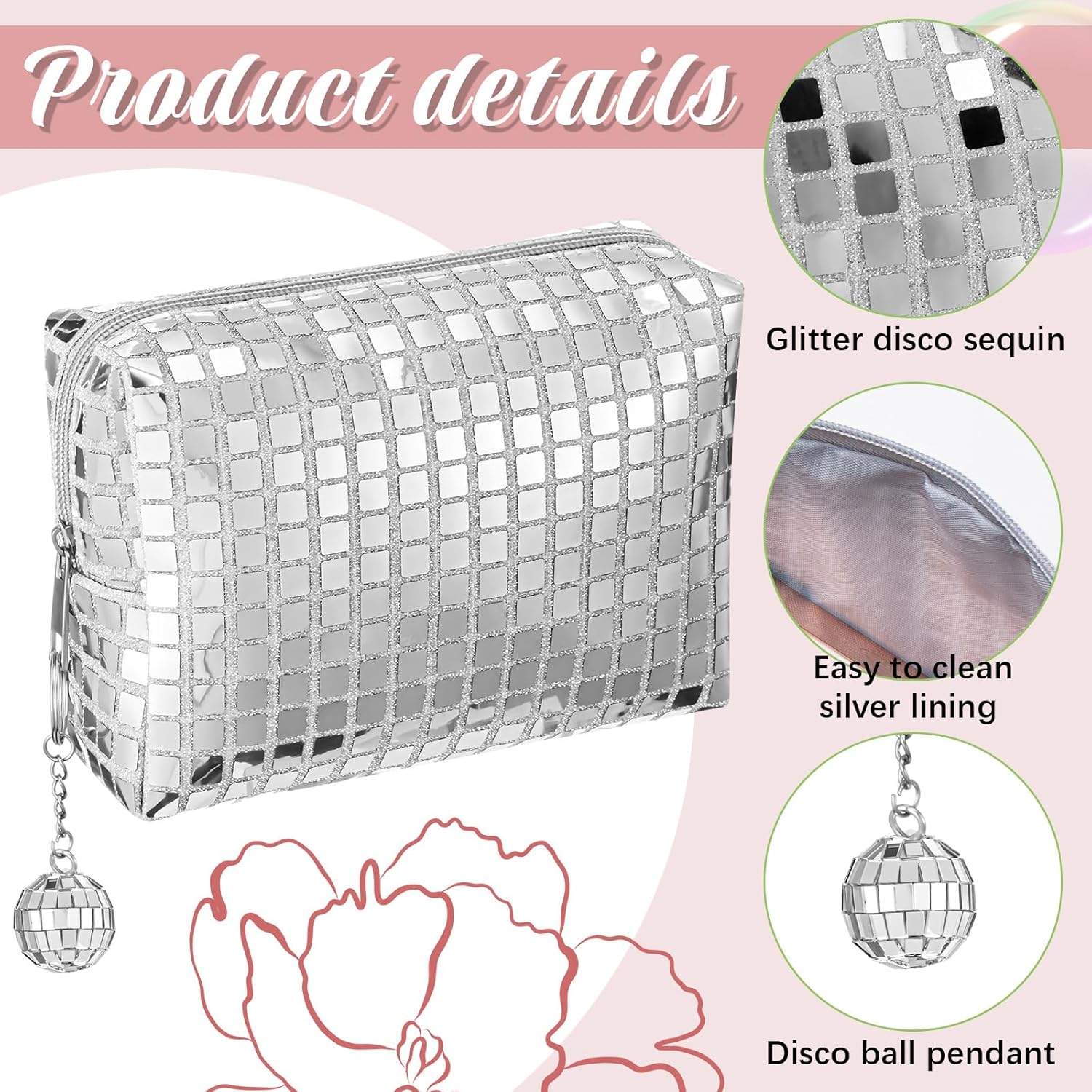 6 Pack Large Capacity Disco Cosmetic Bags Portable Silver Glitter Sequin Makeup Organizer with Zipper Disco Ball Rectangular Quilted for Bachelorette New Years Eve, 70s, 80s, 90s Party Favors - Image 3