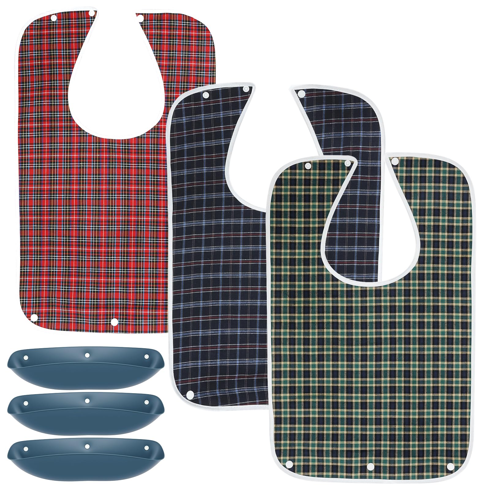Qinglang Unisex Red,Green,Blue 3 Pack Adult Bibs For Elderly Waterproof Clothing Protectors With Detachable Crumb Catcher Reusable Dining Mealtime Bibs For Seniors, Patients, Bedridden Convalescent Disabled Lattice Pattern