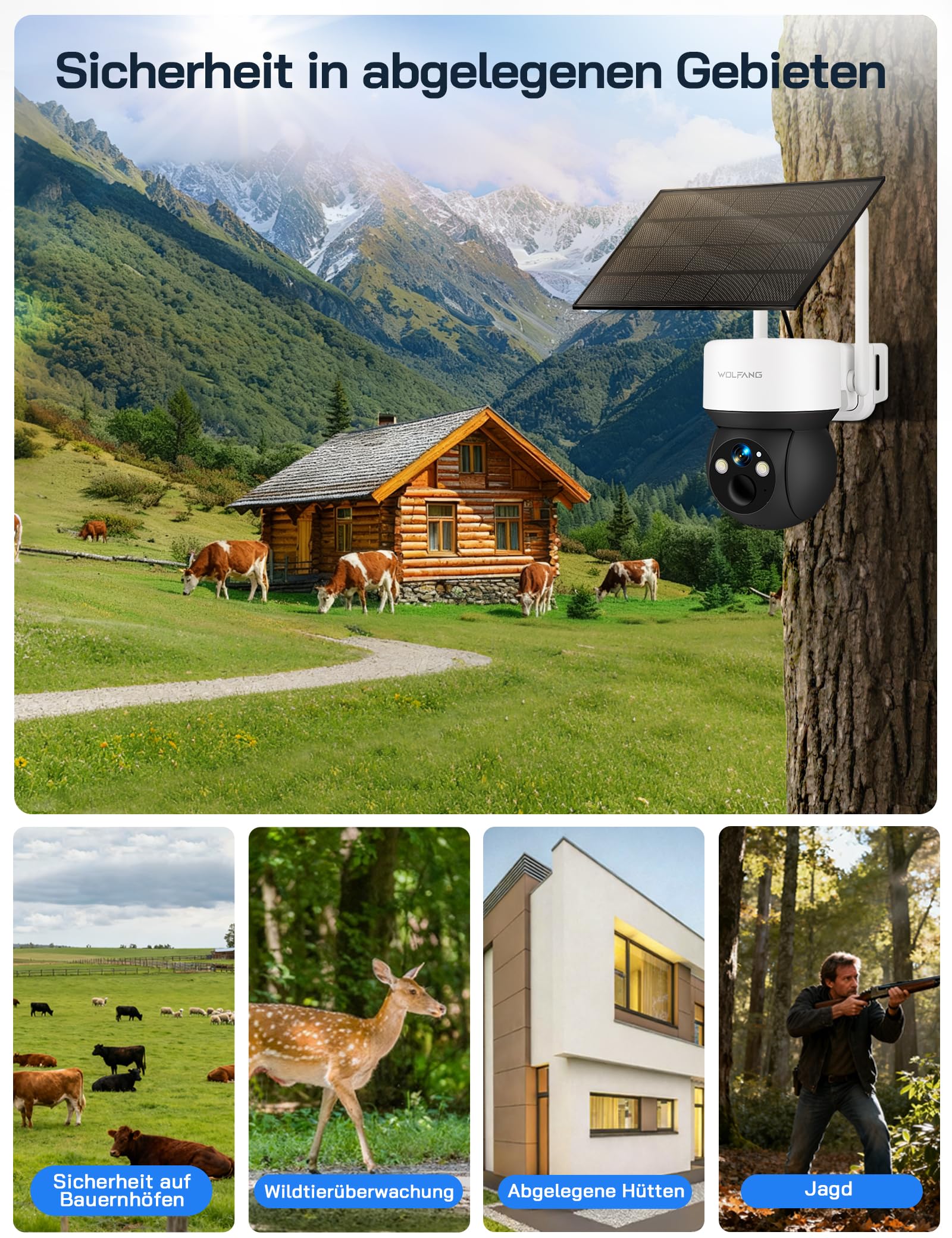 WOLFANG 4G LTE Wildkamera Solar, 2K Wildkamera mit Handyübertragung App, 0,2s PIR Auslösezeit, Bewegungsmelder & Echtzeitalarm, Infrarot Nachtsicht, 7800mAh Akku, 32GB microSD-Karte, IP66