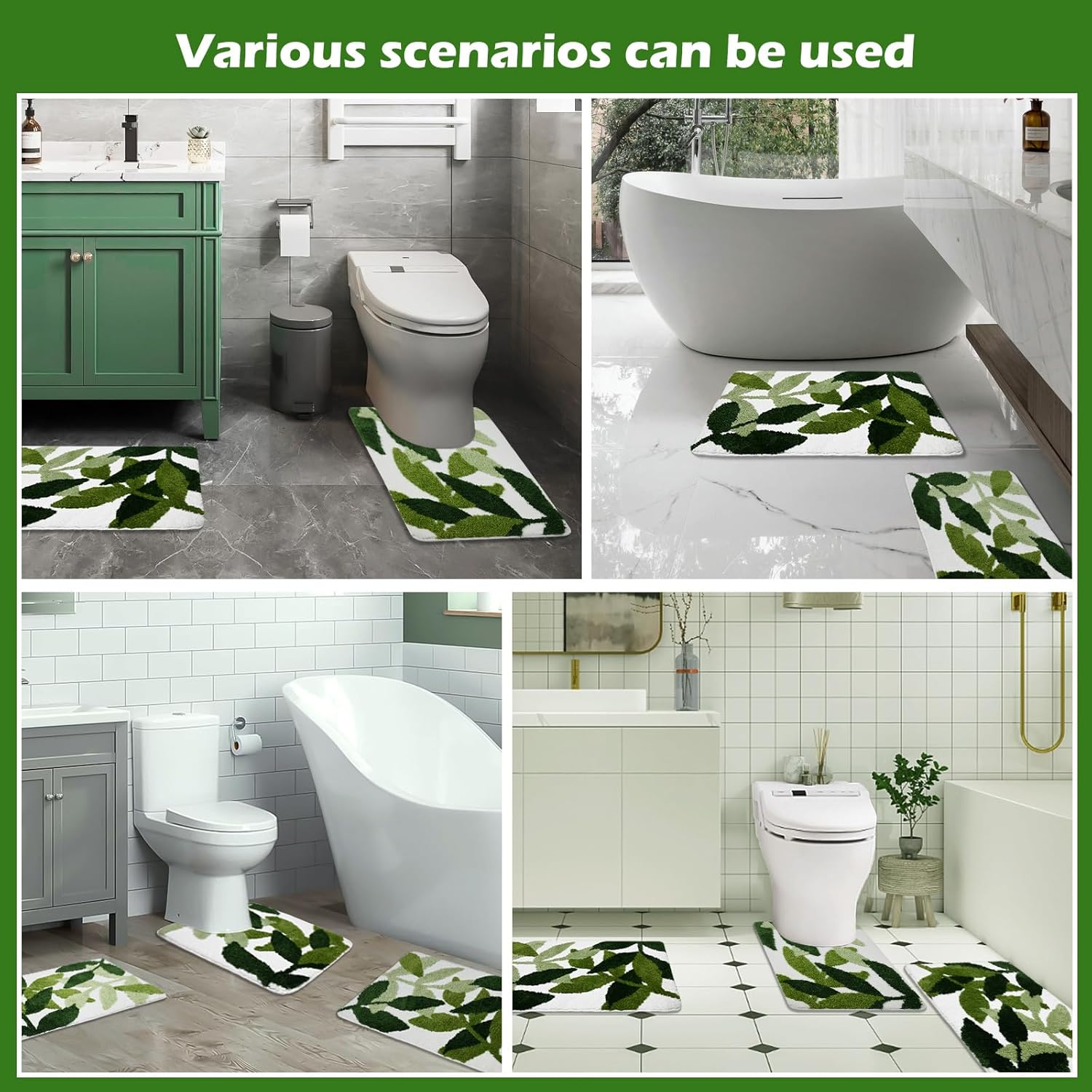 Tufted Toilet Rug 24" x 20" Green Toilet Rugs U Shaped Machine Washable Cute Leaves Toilet Bath Mat Soft Non Slip - Image 7