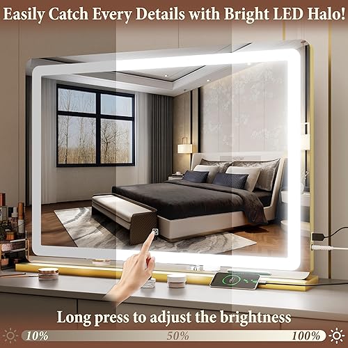 Miniatura 3 de FENNIO - Espejo de tocador con luces, sensor táctil con 3 modos de iluminación, aumento 10X, puerto de carga USB para mesa de tocador, dorado, 32 x