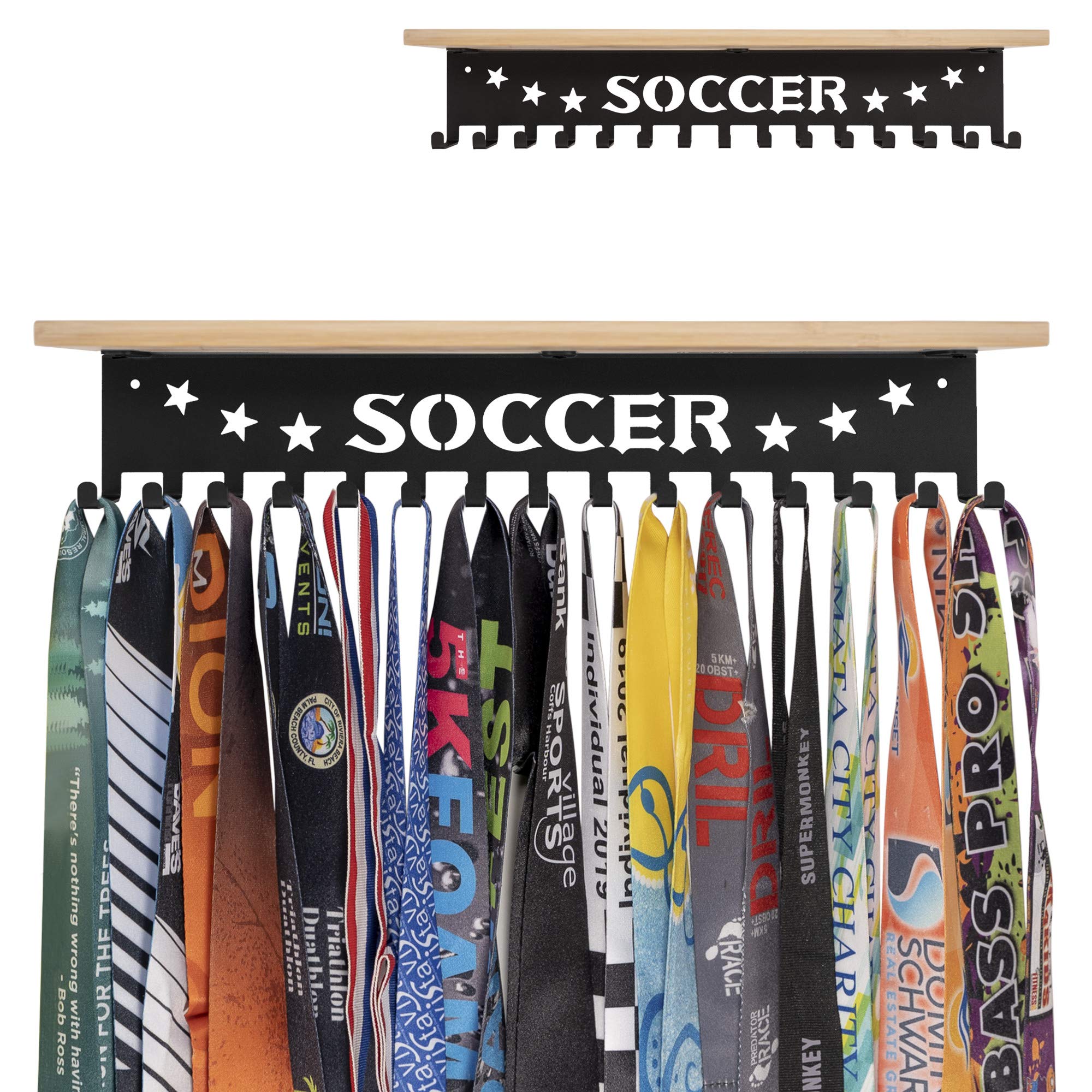 Soccer Trophy and Medal Display Shelf,Soccer Trophy Shelf with 15 hooks for Medals,Sturdy Soccer Trophy Shelf in Black Metal Wall Mount Over 60 Medals Trophy Display Shelf Soccer with Gifts Box