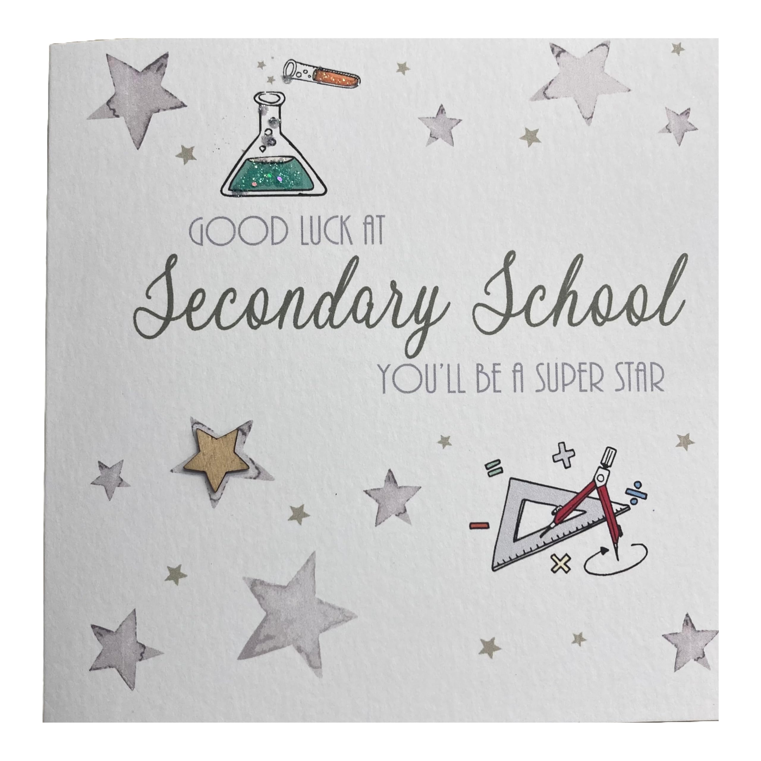 WHITE COTTON CARDS GOOD LUCK AT SECONDARY SCHOOL FIRST DAY CARD, HAND FINISHED (S522)