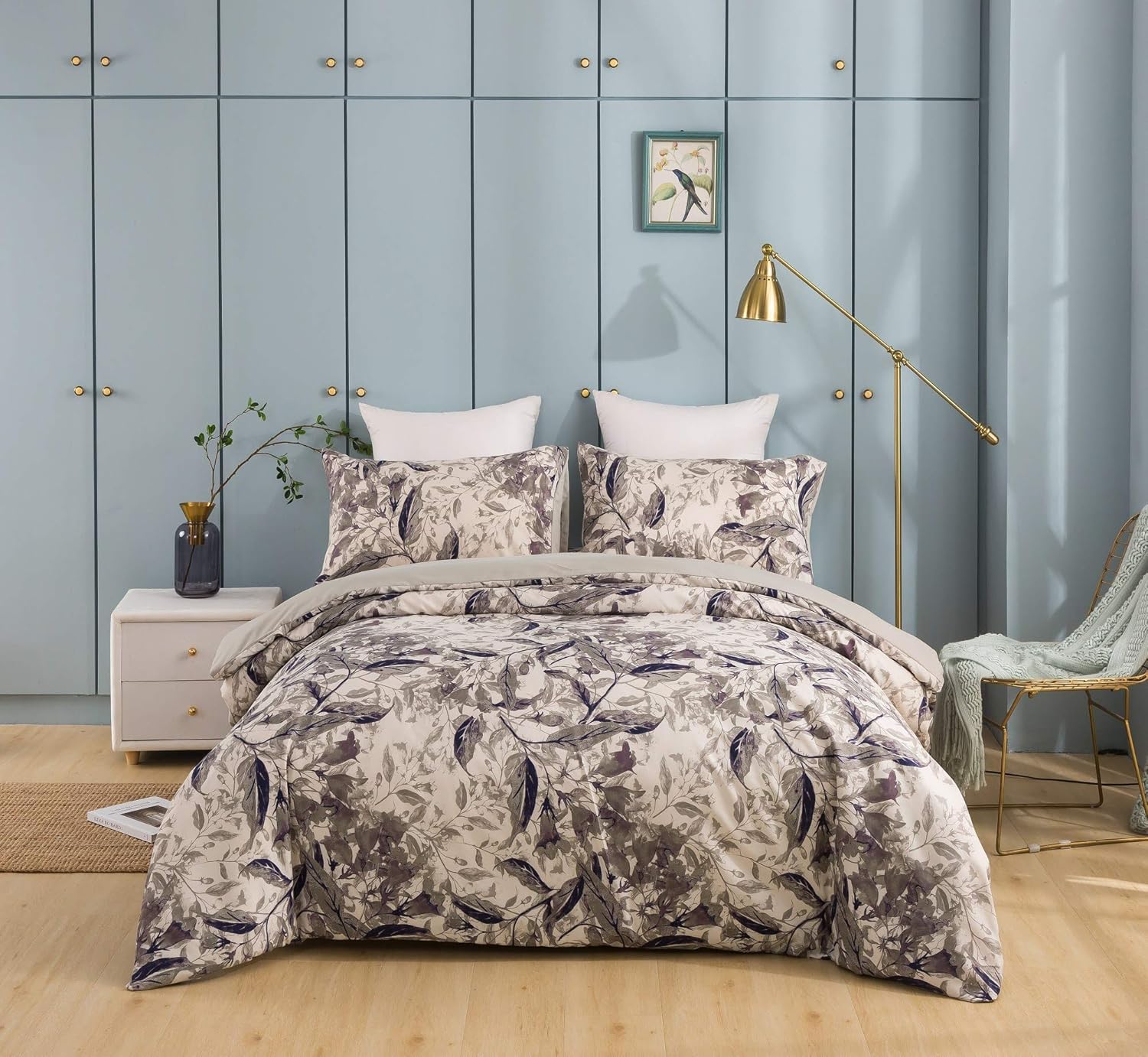 Tache Elagant Abstract Whimsical Wispy Leaf Floral Neutral Monochromatic Taupe Grey Purple Soft Microfiber Zipper Duvet Cover, Queen