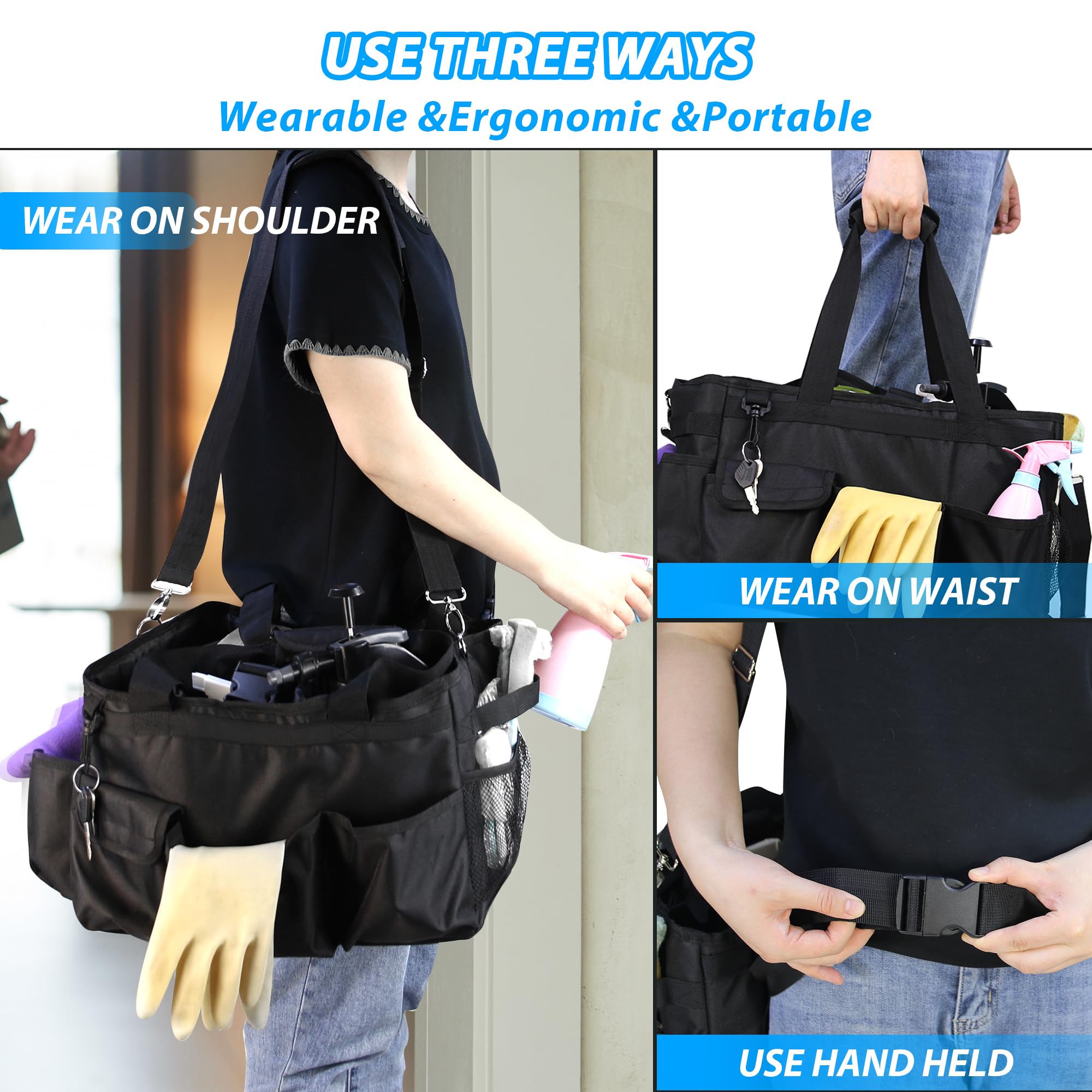 Organiseur de nettoyage avec bretelles réglables, grand sac caddy pour la maison, les fournitures de nettoyage de voiture, sac à main de ménage (noir)