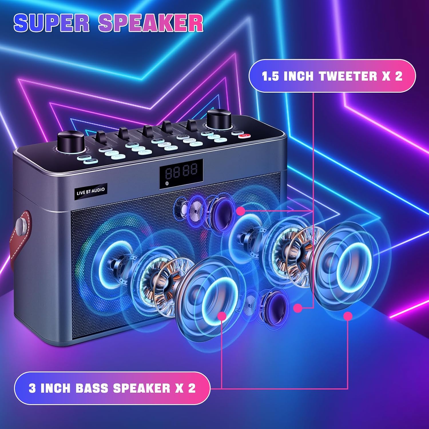 Audio Mixer for Karaoke, Karaoke Machine with 2 Wireless Microphones, Portable Bluetooth Speaker for Adults Home Party, Bass Treble Correction Echo Adjustment, Support USB/TF Card/AUX/Live