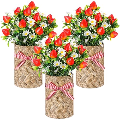 Retrowavy 3 Sets Strawberry Table Centerpiece Artificial Strawberry Daisy Plant