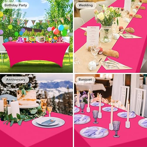 Miniatura 7 de PLULON Paquete de 2 manteles rectangulares de elastano ajustable de 6 pies, color rosa intenso, lavable, protector de mesa para patio, picnic, boda,