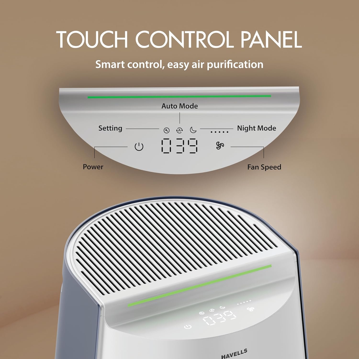 Touch Control Panel of Havells Air Purifier showing Power, Setting, Auto Mode, Night Mode, Fan Speed, and AQI display