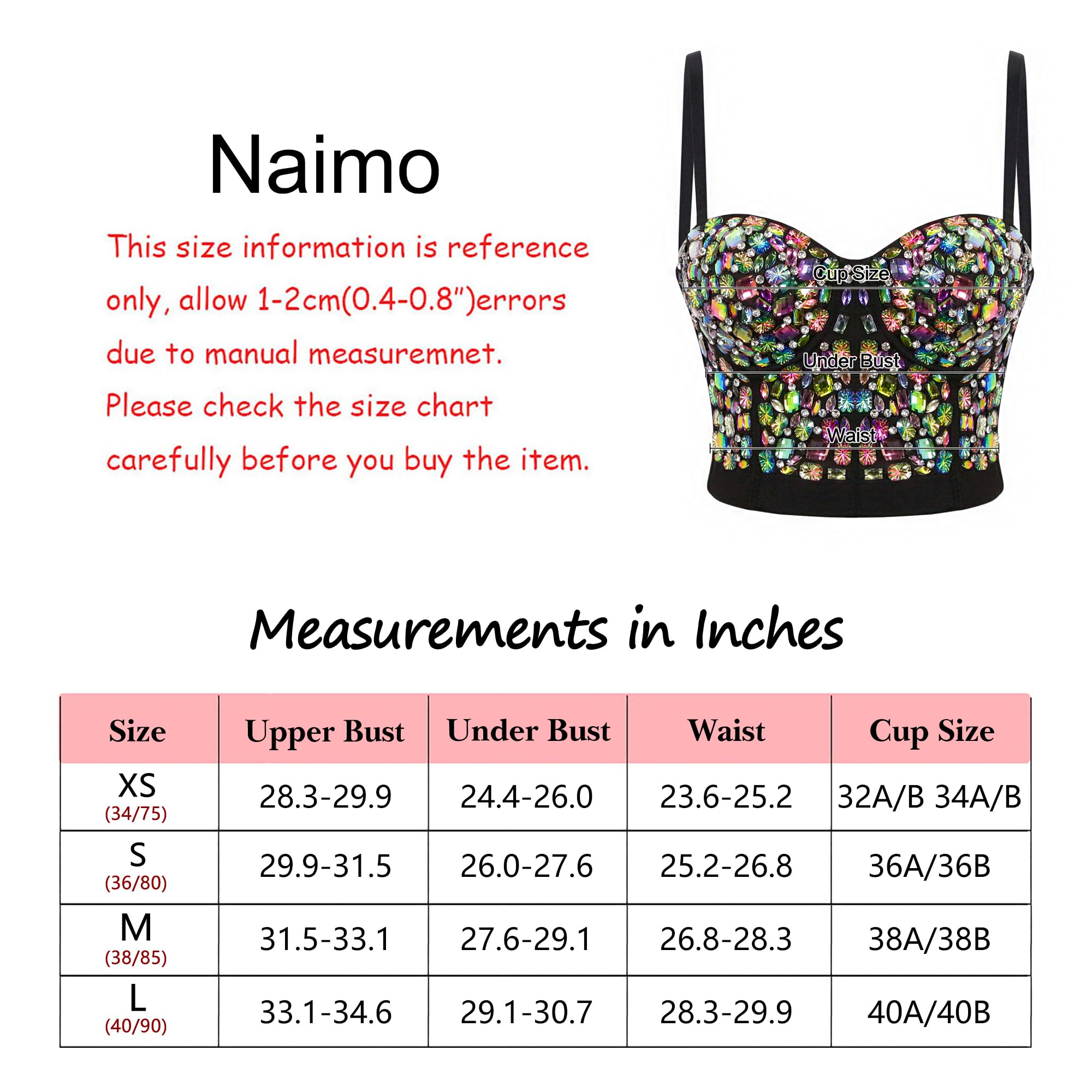 Naimo Bustier sexy pour femme - Avec strass - Push Up - Crop Top - Soutien-gorge à paillettes - Débardeur - Pour fête, clubwear