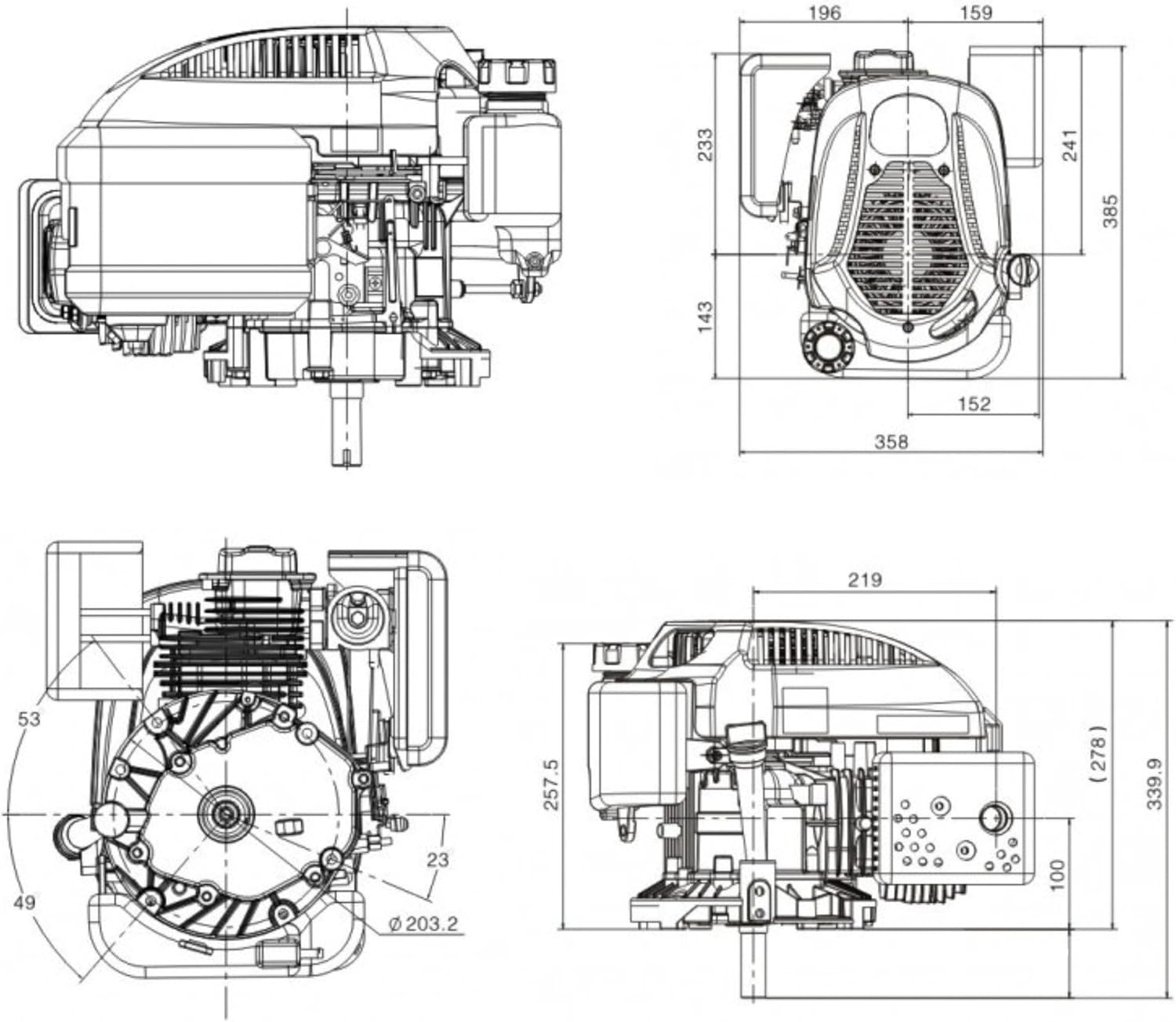 Technical drawing of Loncin LC1P70FC engine dimensions