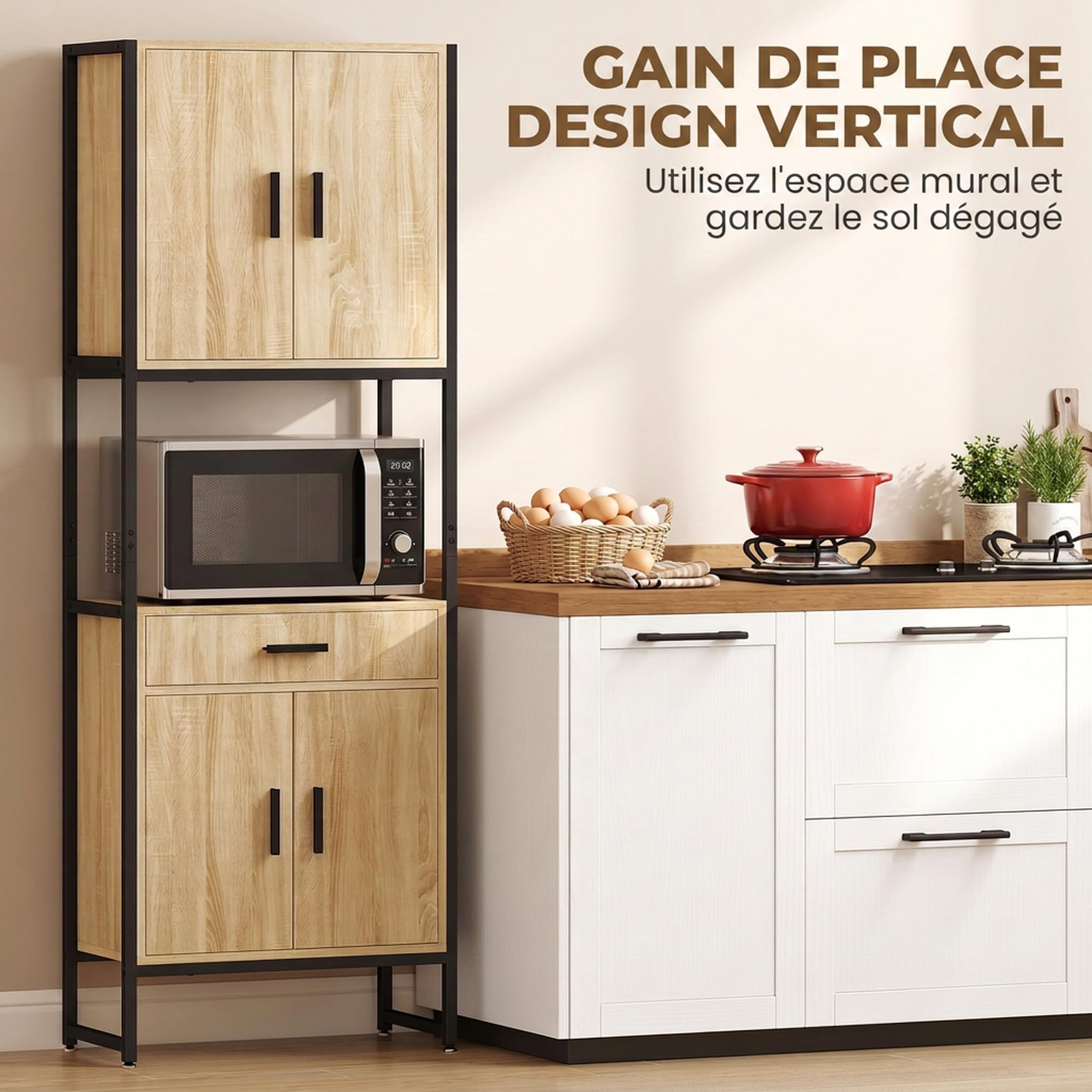 HOMCOM Buffet Haut Cuisine 4 Portes Tiroir et Plan de Travail Bois Naturel