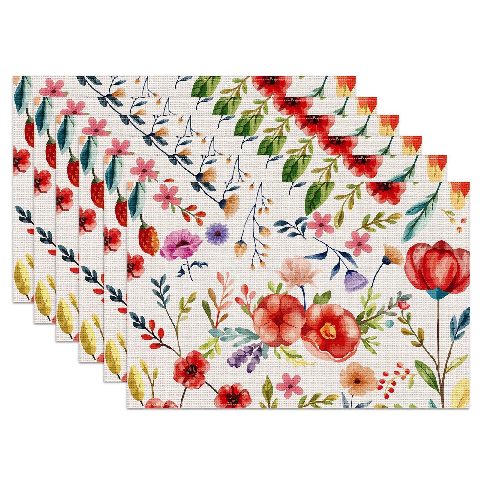 Red Poppy Flower Placemats Set of 6,12x18 Inch Spring Floral Butterfly Linen Place Mat Washable Stain Resistant Table Mats for Seasonal Farmhouse