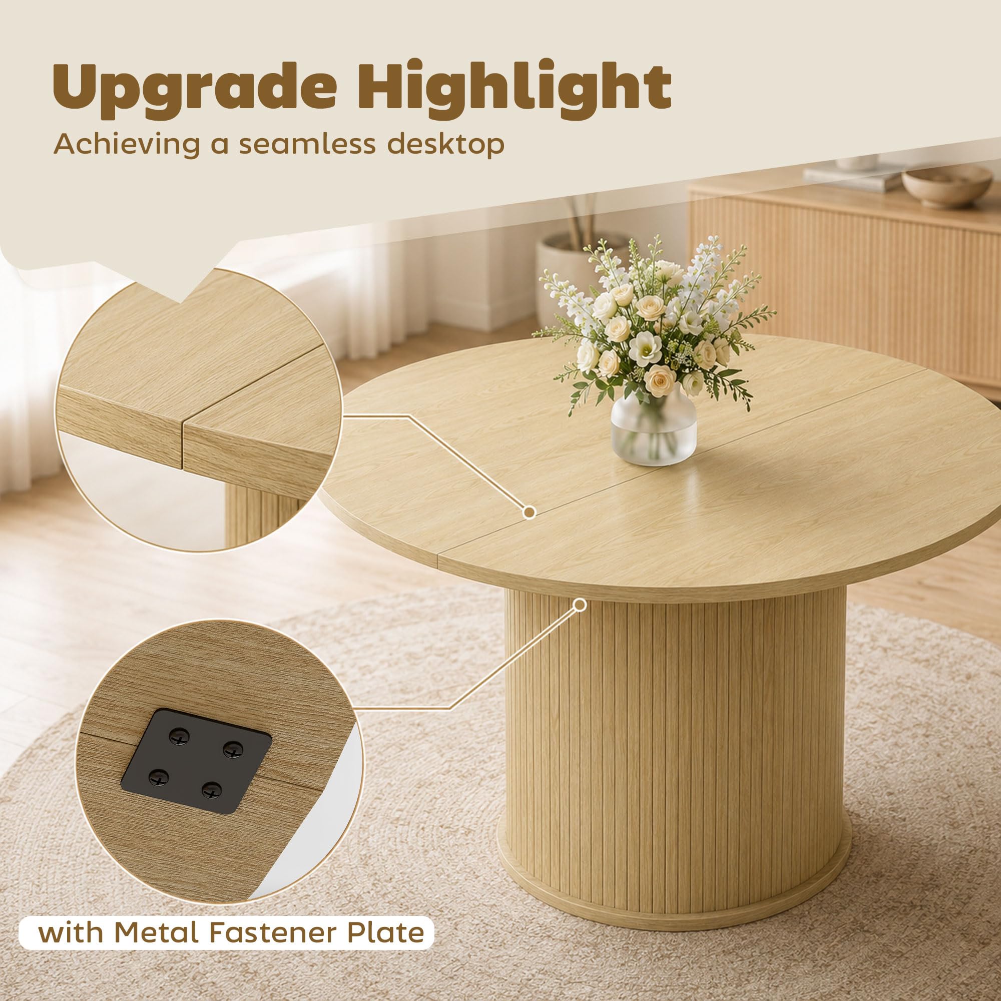 HOMCOM Table à Manger Ronde pour 4-6 Personnes Ø 120 x 75 cm Bois Naturel | Table de Cuisine Moderne, Large Plateau, Base Cylindrique Cannelée, pour Salon, Salle à Manger