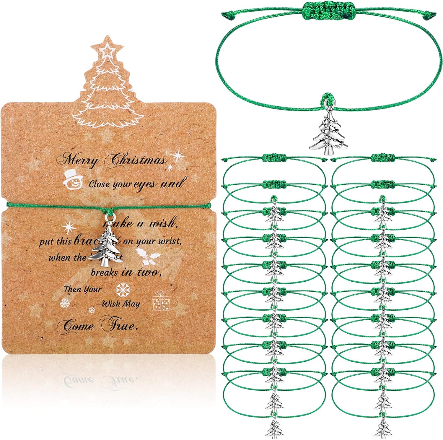 Landical 40 Sets Christmas Wish Bracelets Bulk Adjustable Xmas Bracelet with Cards Braided Friendship Holiday Gifts for Women(Tree)