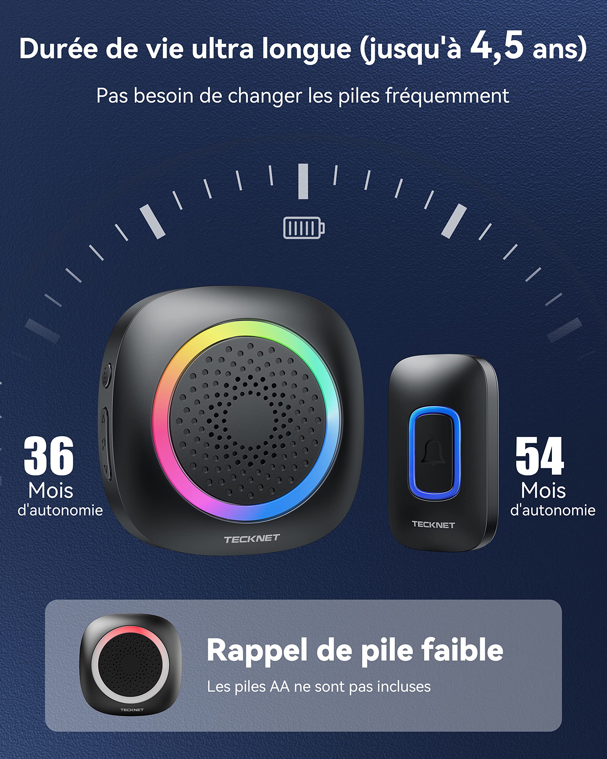 TECKNET Sonnette sans Fil Exterieur Etanche, 400M IP66 Étanche Sonnette sans Fil avec Pile, 3 Récepteur avec Lumière RVB, 60 Mélodies et 5 Niveaux, Carillon sans Fil pour Maison, Hôtel, Urgence, Noir
