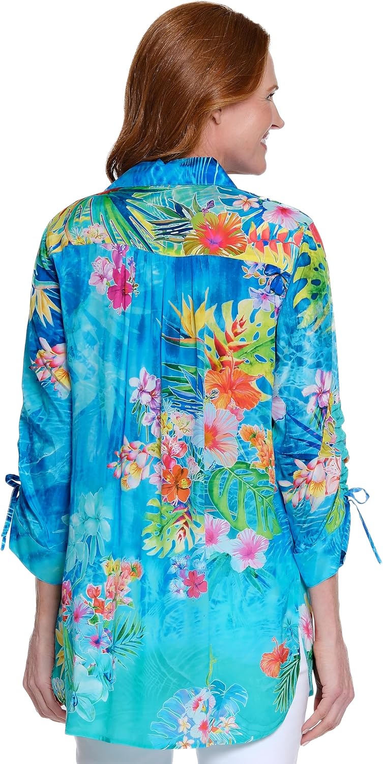 John Mark Womens Printed Button Front Top with Cinch Tie Sleeves - Image 2
