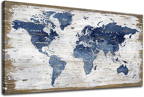 Lienzo grande con mapa del mundo vintage, arte para la pared, diseño de mapa azul oscuro del mundo, imágenes de mapas retro, impresiones artísticas