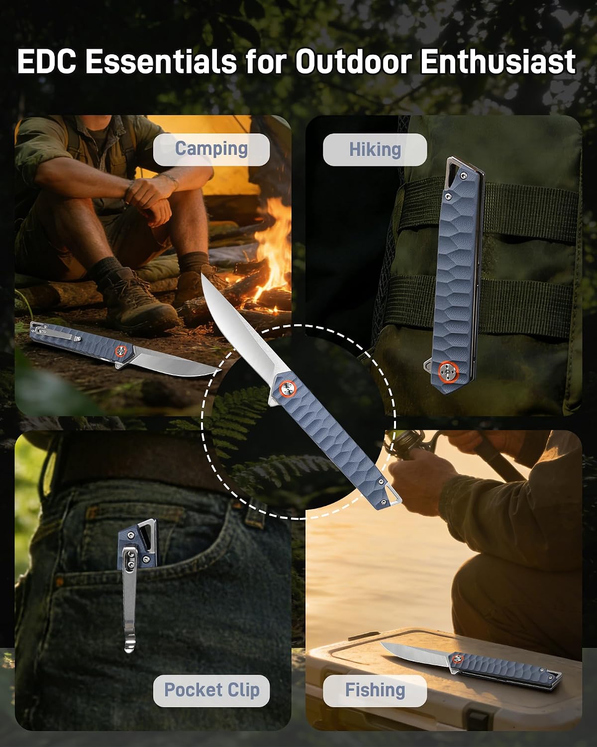 EDC Pocket Knife – 3.54" D2 Steel Blade Folding Knife with G10 Handle, Deep Carry Clip and Liner Lock, Compact Everyday Carry Knife for Outdoor Camping Hiking