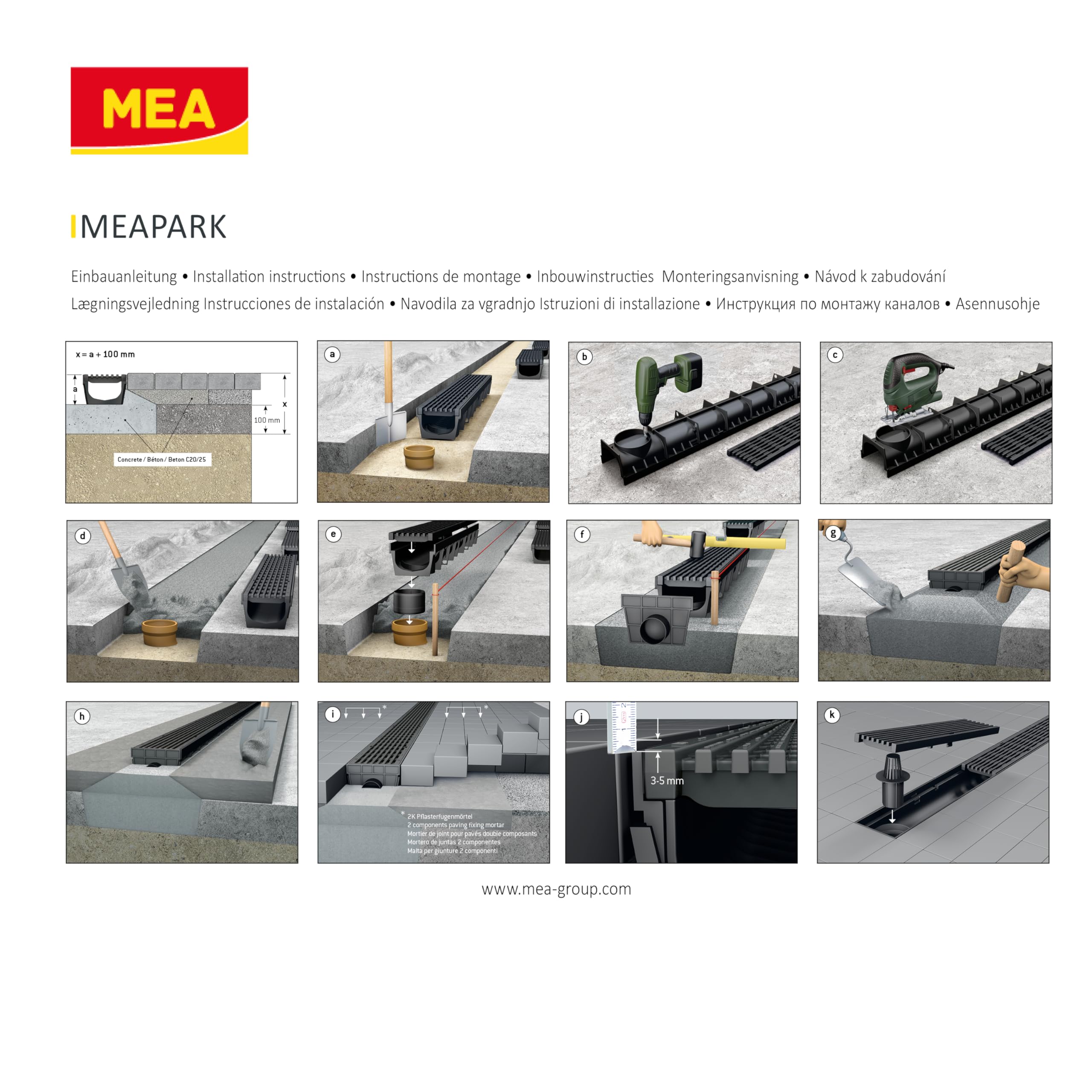 MEA Caniveau Extérieur MEAPARK 1 m Grille Passerelle Polyamide Drainage Terrasse Classe B125 Largeur utile 10 cm