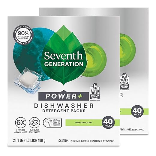 Seventh Generation Power Plus Dishwasher Detergent Packs Fresh Citrus scent Pack of 2 for sparkling dishes Dishwasher tabs 40 count