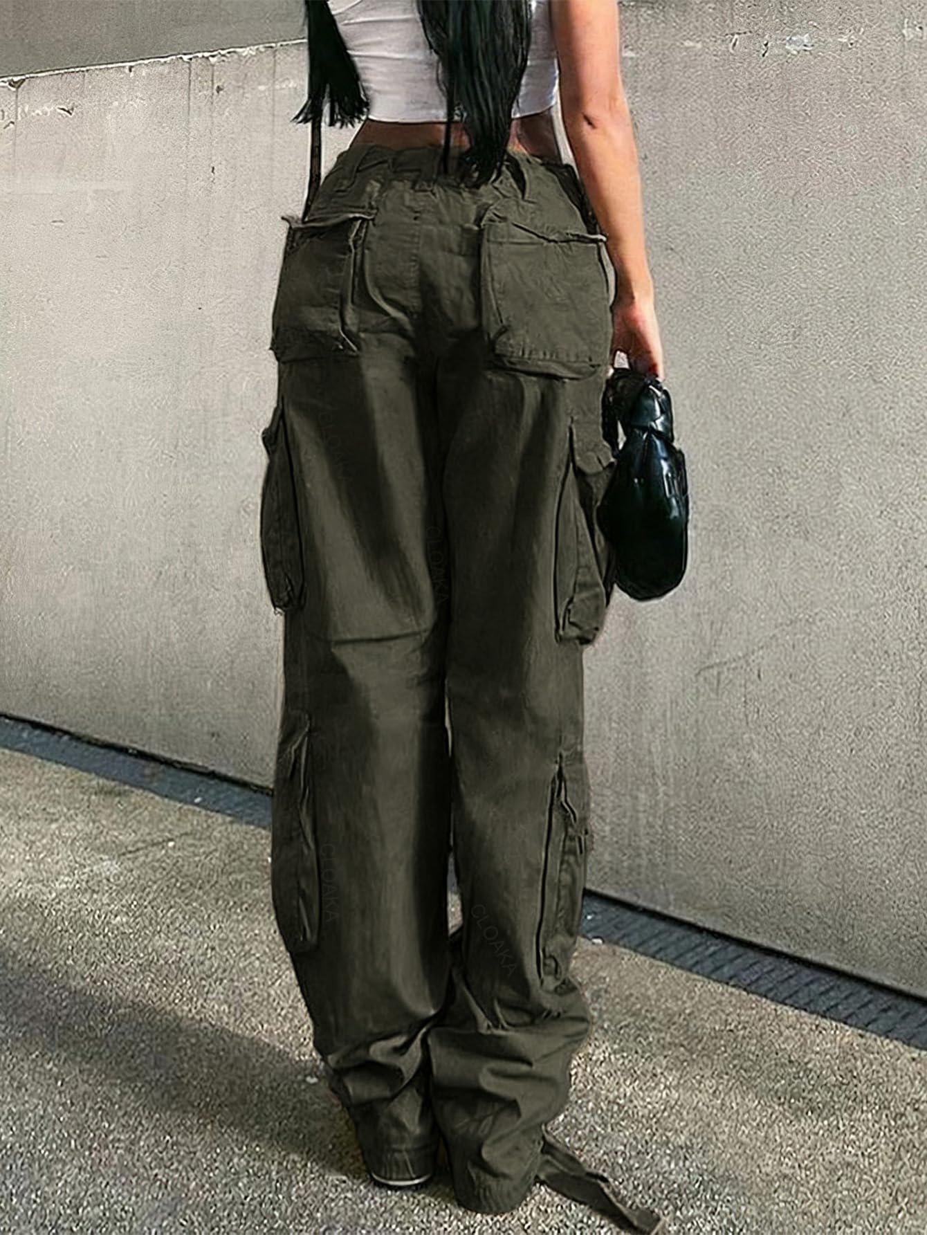 CLOAKA Pantalon cargo Y2k pour femme - Pantalon cargo ample en coton - Taille haute - Avec poches - Streetwear
