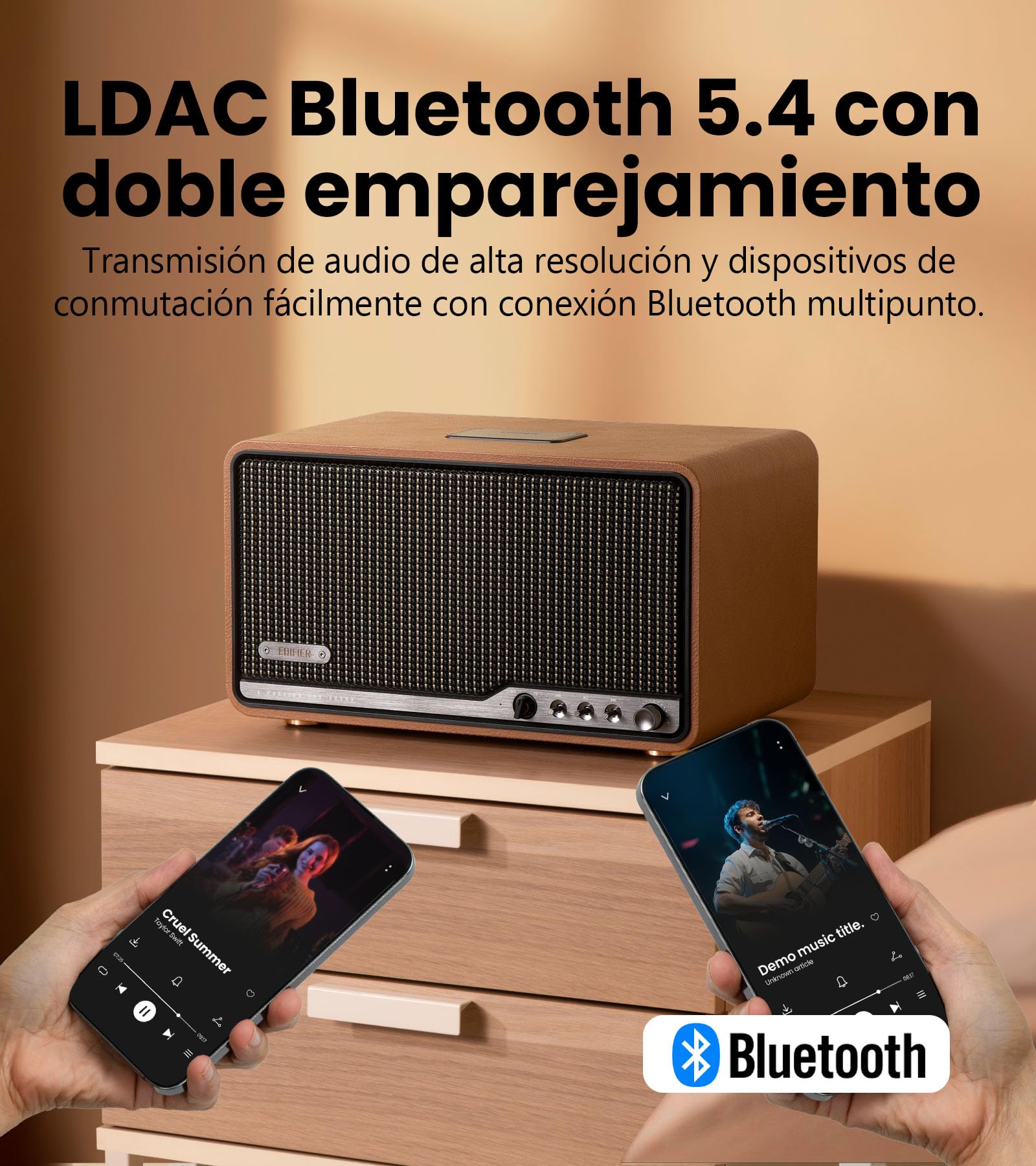 Edifier S300 Altavoces de Escritorio Retro, Audio Hi-Res Cableado e Inalámbrico, 80W (RMS) de Potencia, Bluetooth 5.4 Multipunto, WiFi Multihabitación (AirPlay 2), Entrada AUX y USB-C,marrón