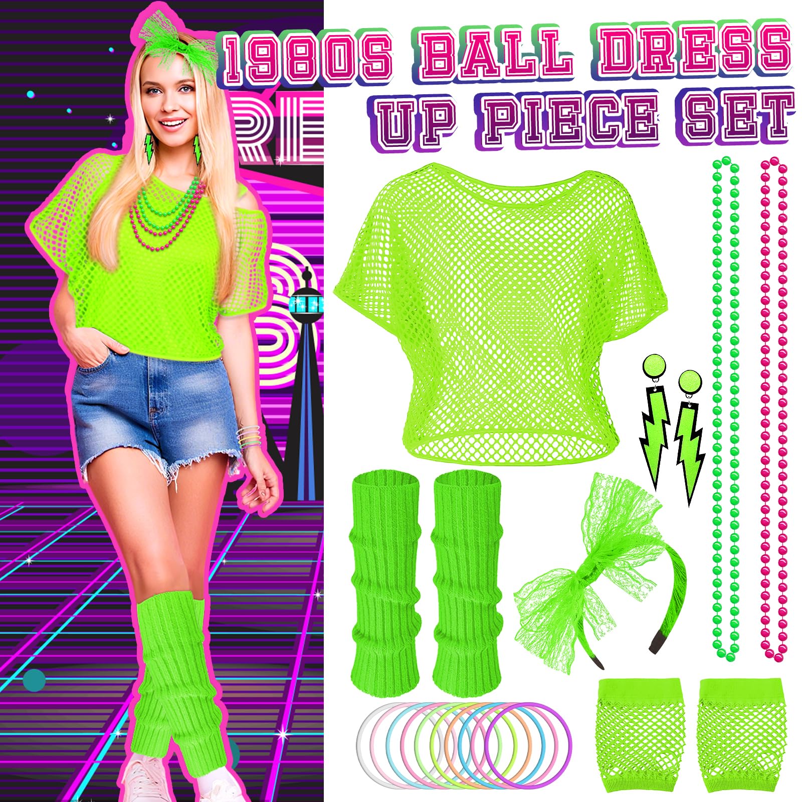 Shepinsky 80s Fancy Dress for Women,1980s Fancy Party Costumes Accessories Set,80s Outfits Neon Mesh T-Shirt,Leg Warmers Fishnet Gloves Headband Earrings Bracelets Necklaces for Retro Party Dress up - Image 4