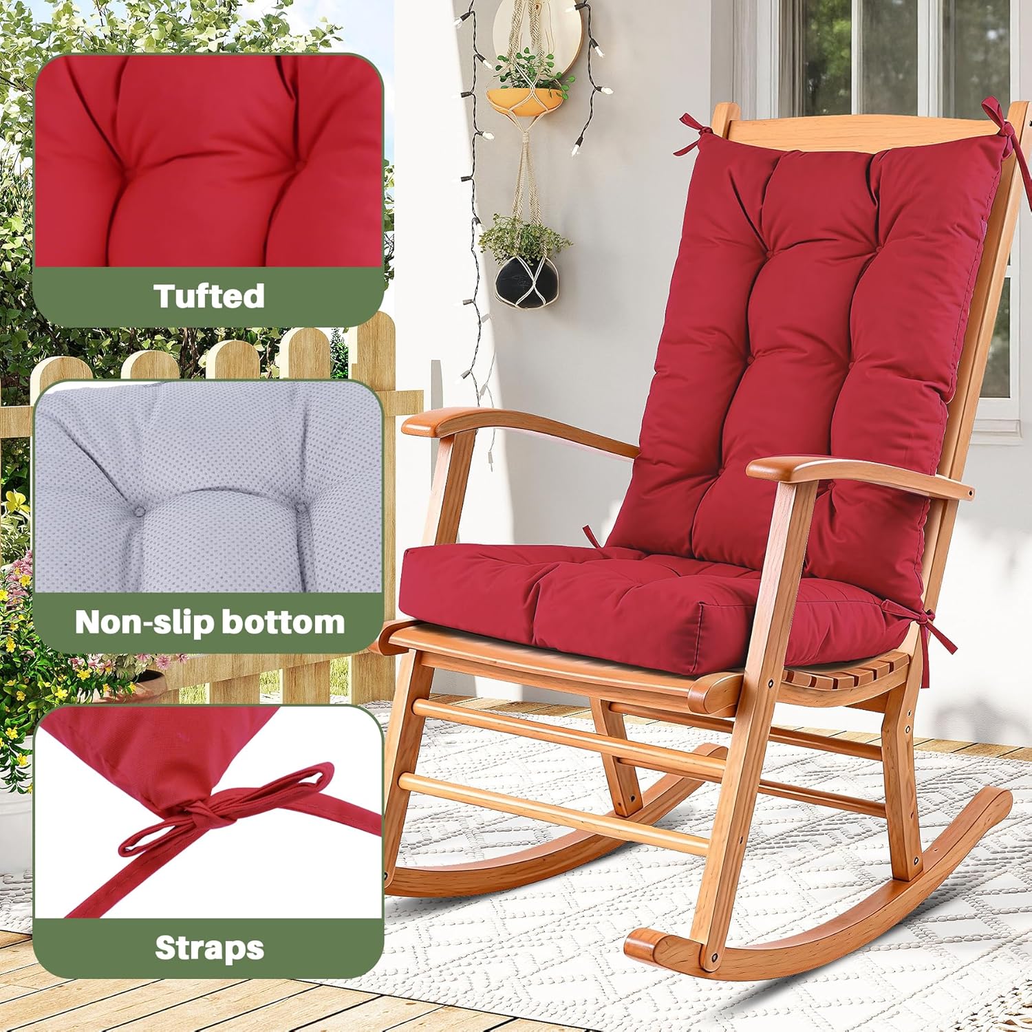 Rocking Chair Cushion Set Waterproof Weather Resistant Tufted with Ties, Non-Slip High Back Chair Pads for Garden Patio Wooden Rockers