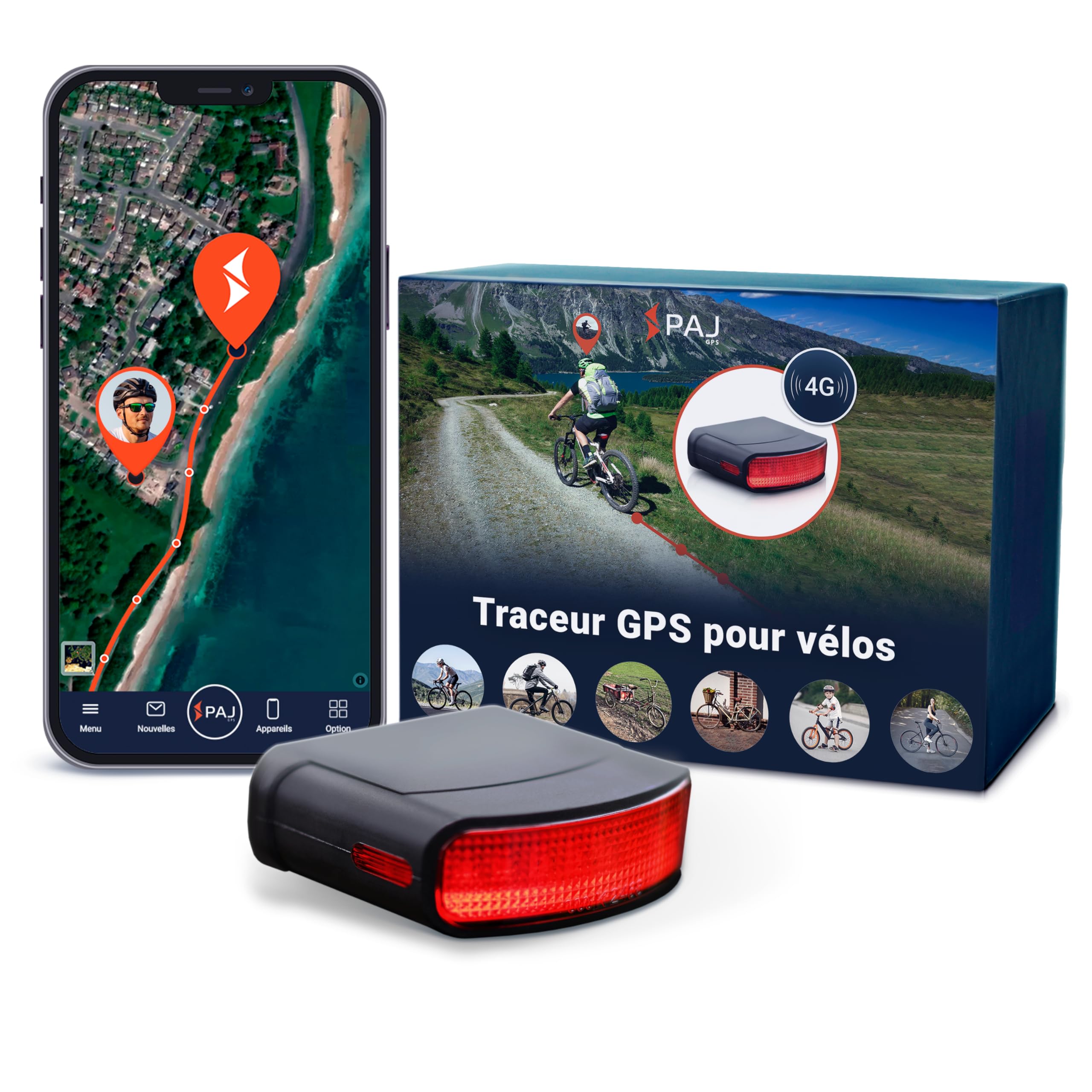 Tracker GPS PAJ Feu arrière vélo - Localisation 4G Temps réel Alerte Chute, Alarme vélo GPS étanche 20 Jours Autonomie