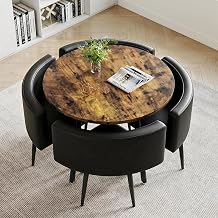 Dining Table and 4 Chairs Set, Modern MDF Kitchen Table with PU Leather Chairs with Metal Frame, Space Saving Industrial Dining Room Furniture for for Home Apartment Round Rustic Brown