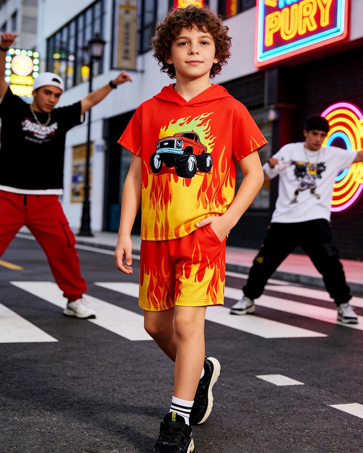 Boys 2Pcs Summer Clothes 3D Printing Short Sleeve Hooded T-Shirt and Shorts Outfit for 5-12 Years - Image 2