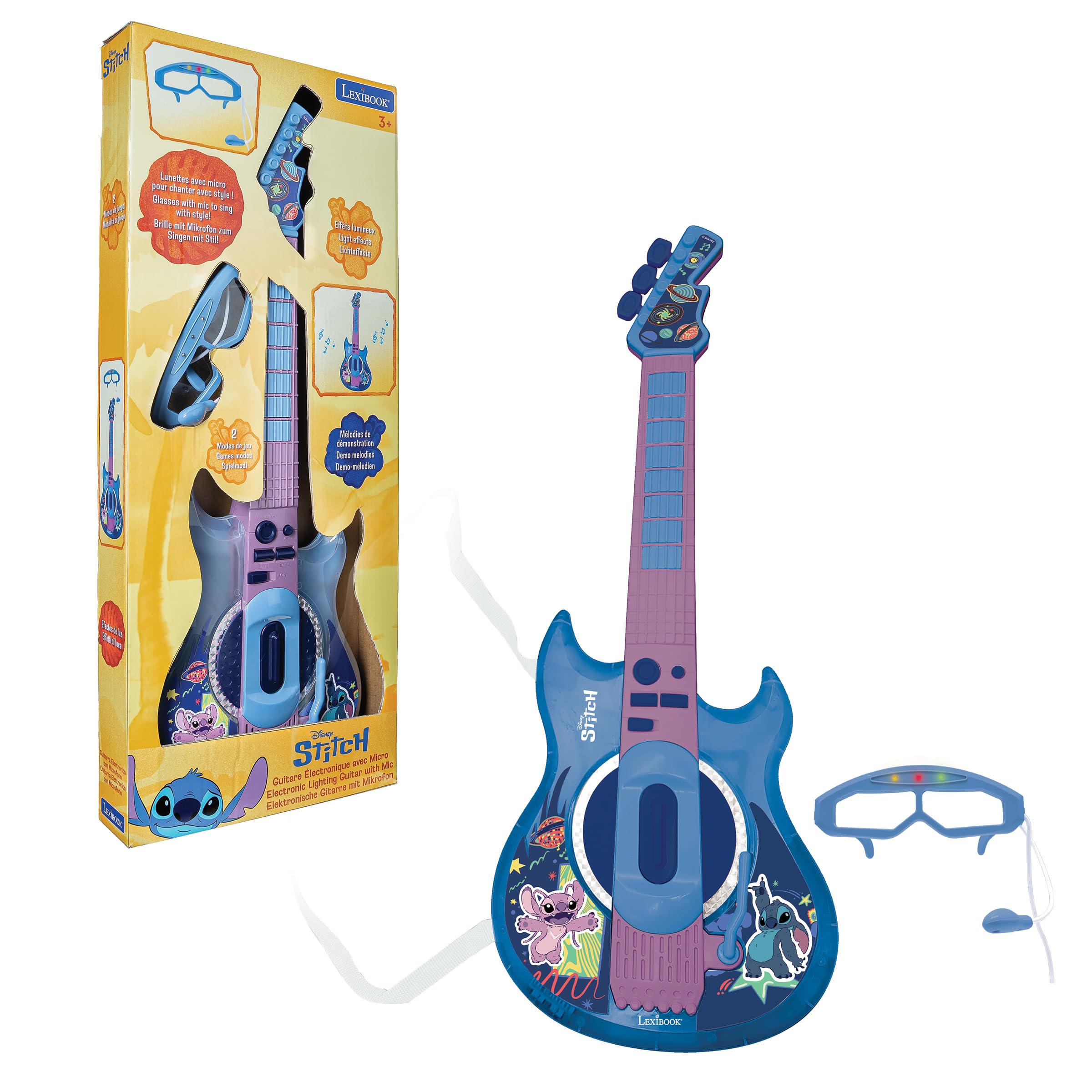 LEXIBOOK, Disney Stitch, Electronic Guitar with Microphone and Glasses for Stylish Singing, 2 Game Modes, Demo Melodies, Light Effects, Blue, K260D