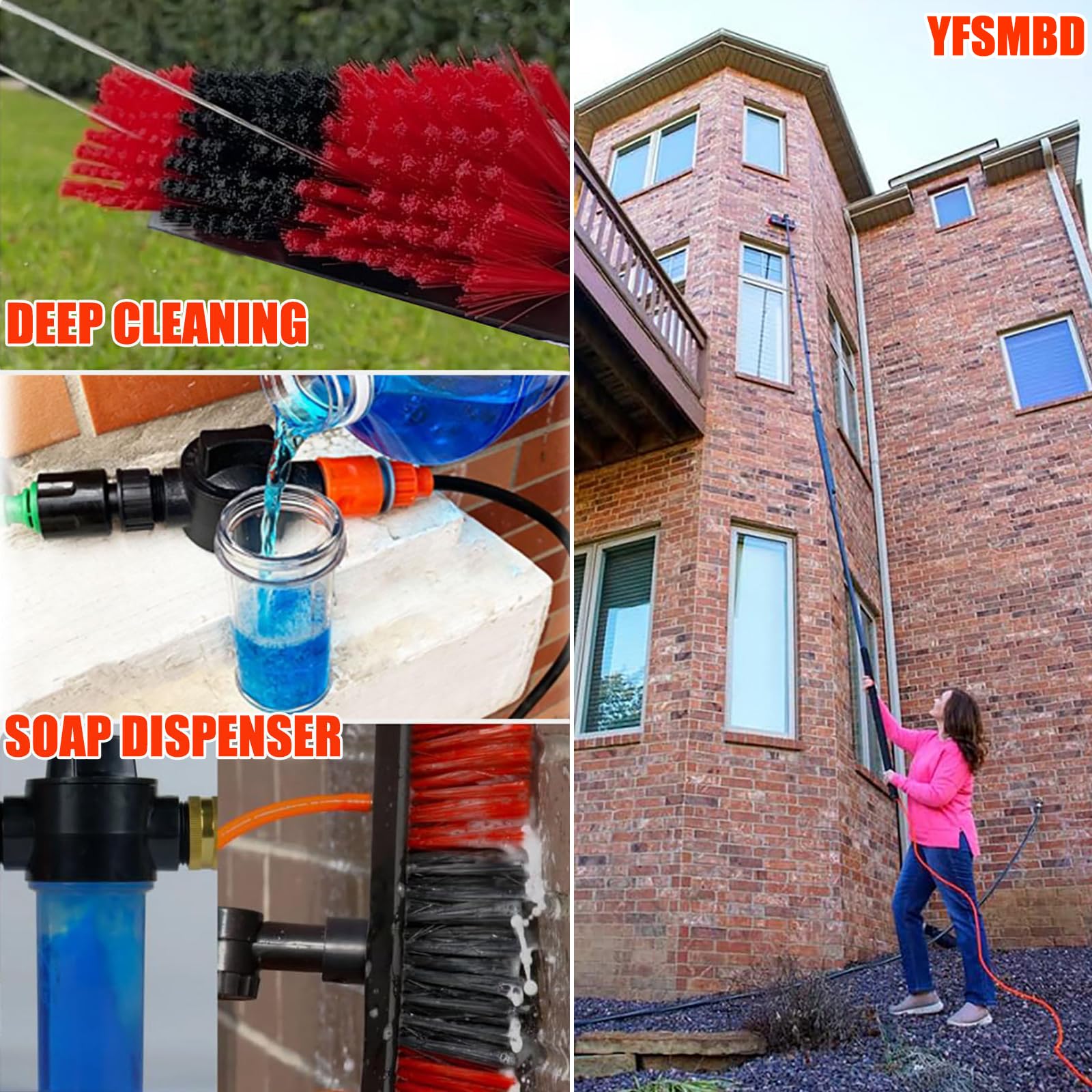 Escoba Telescópica 18.3m para Limpieza con Conexión de Agua, Ligera | Palo Telescópico Limpieza de Fibra Carbono para Placas Fotovoltaicas, con Jabón Dosificador y Manguera 20m, Limpiacristales