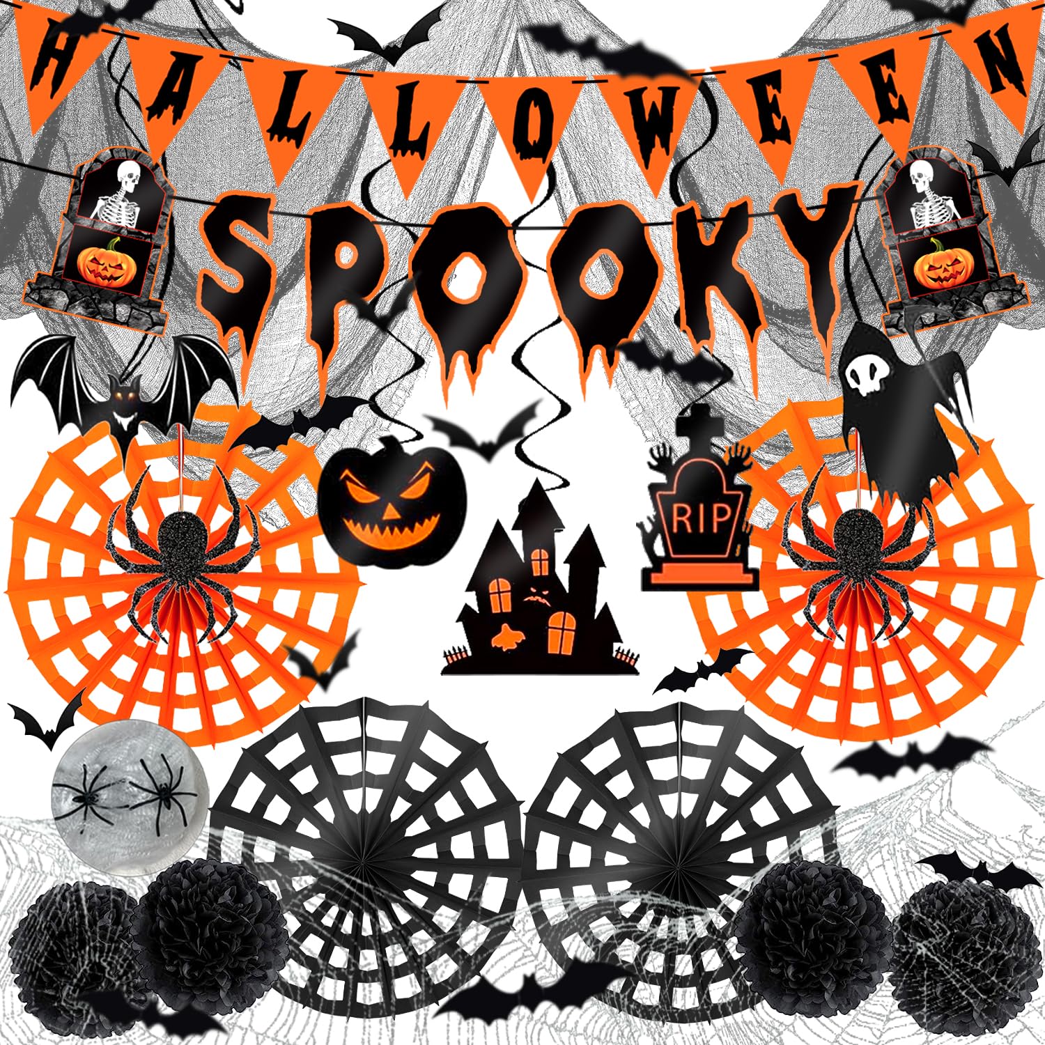 Deco Halloween Exterieur YBwanli Kit De Décoration Halloween,Guirlande Halloween,Bannière Spooky,Tissu Effrayant Noir,Spirale à Suspendre Au Plafond,Éventails En Papier,Toile Déco Halloween