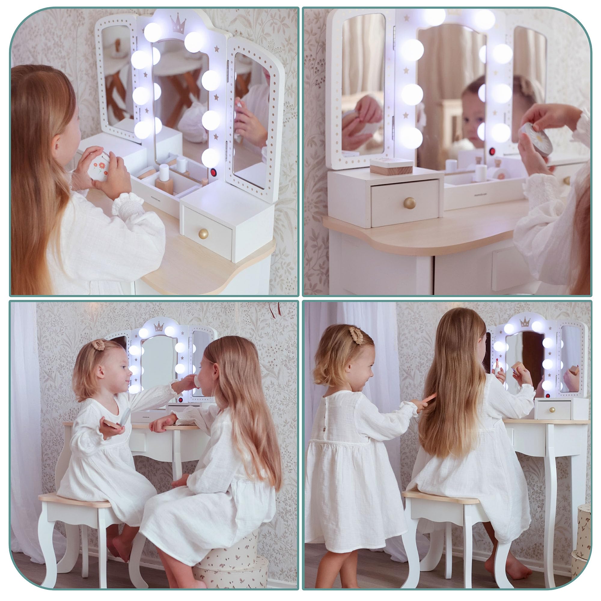 Mamabrum Coiffeuse en Bois pour Enfants 3+, XXL avec Tabouret et éclairage LED, Miroir à 3 Ailes, Grand tiroir, Accessoires, Maquillage de rôle, Structure Solide, Transformable en Bureau