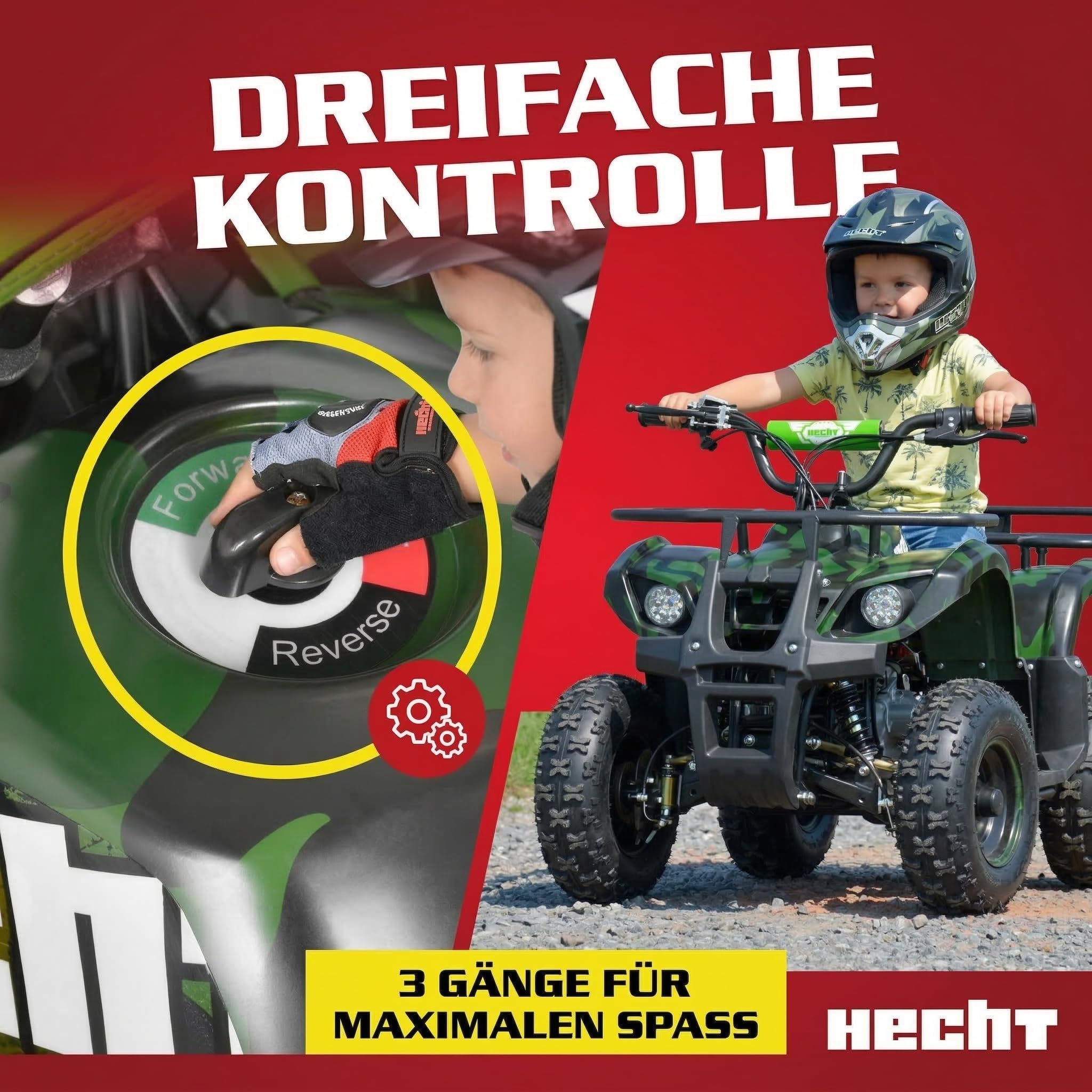 HECHT Elektro Kinderquad bis 25 km/h – Offroad Quad für Kinder mit 1000 W Motor, 36 V/12 Ah Blei-Gel-Akku, 3 Fahrstufen, Scheibenbremsen vorn/hinten & verstellbarer Federung (Army)