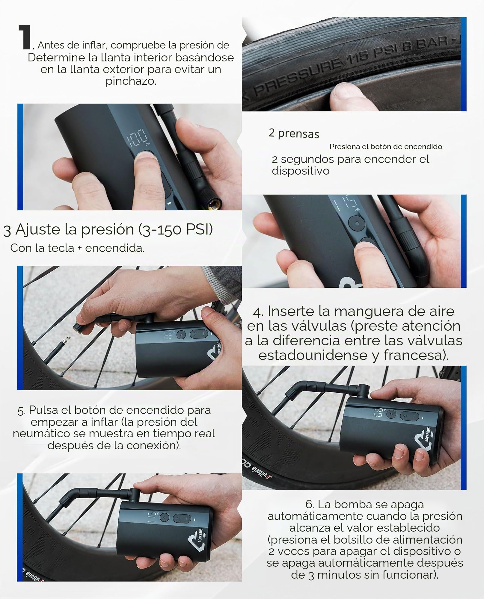 ROCKBROS Mini Bomba Eléctrica 150PSI Bomba de Aire Portátil con Pantalla 5000 mAh Inflador de Neumático Válvula Presta y Schrader para Bicicleta Pelotas