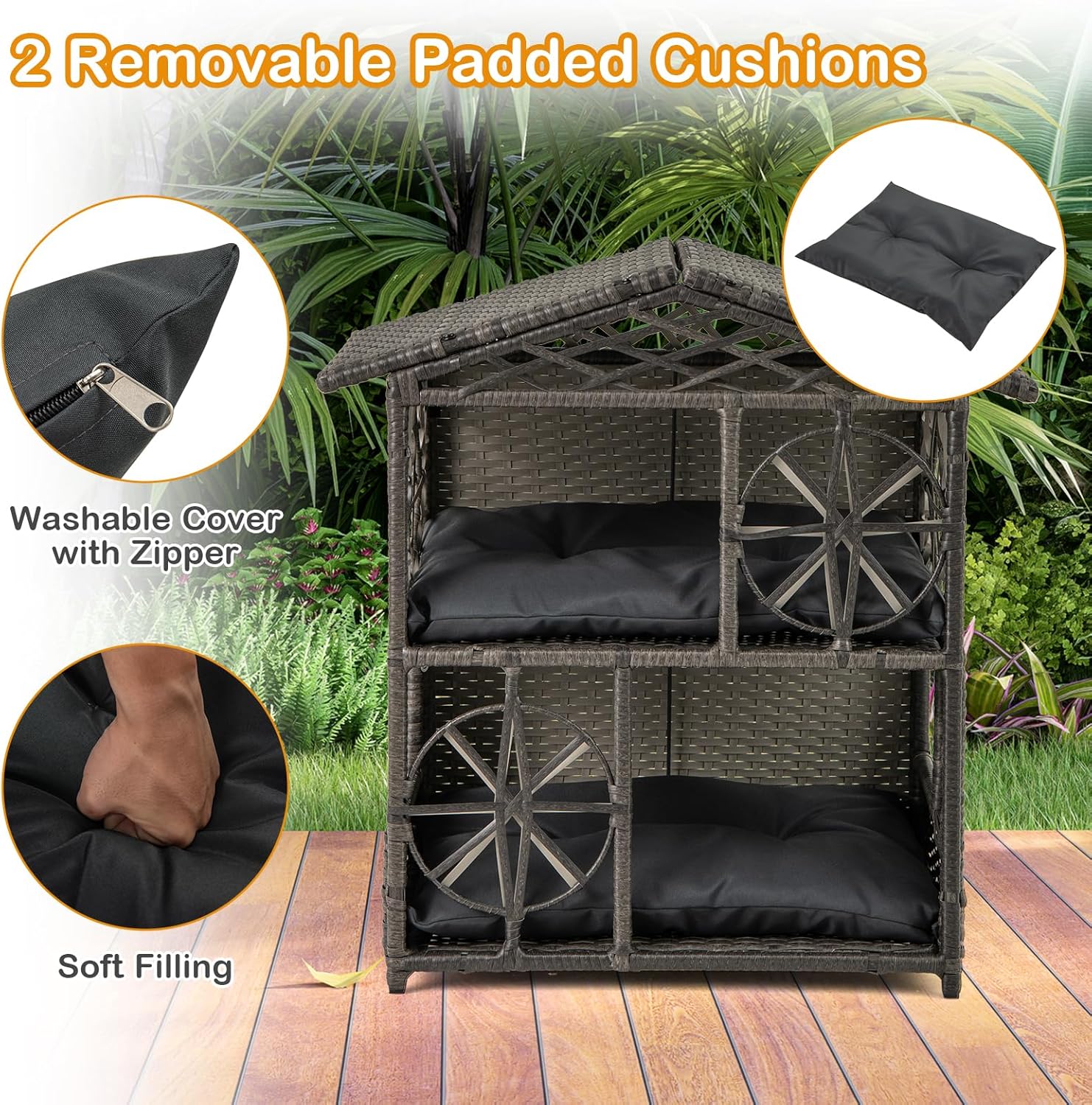 Tangkula 2-Story Rattan Cat House, Wicker Cat Cave Bed with Removable Soft Cushions, Aesthetic Kitten Condo Pet Shade Shelter for Indoor & Outdoor, 27 x 16 x 27.5 Inches