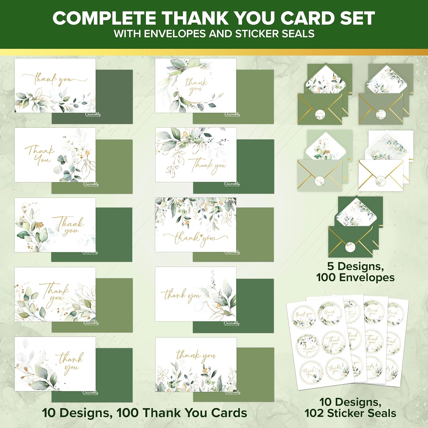 Decorably 100 Pack Gold-Foiled 6x4in Sage Green Thank You Cards with Envelopes, 10 Elegant Designs Folded Eucalyptus Thank You Cards with Envelopes, Blank Inside - Wedding, Bridal Shower, Baby Shower
