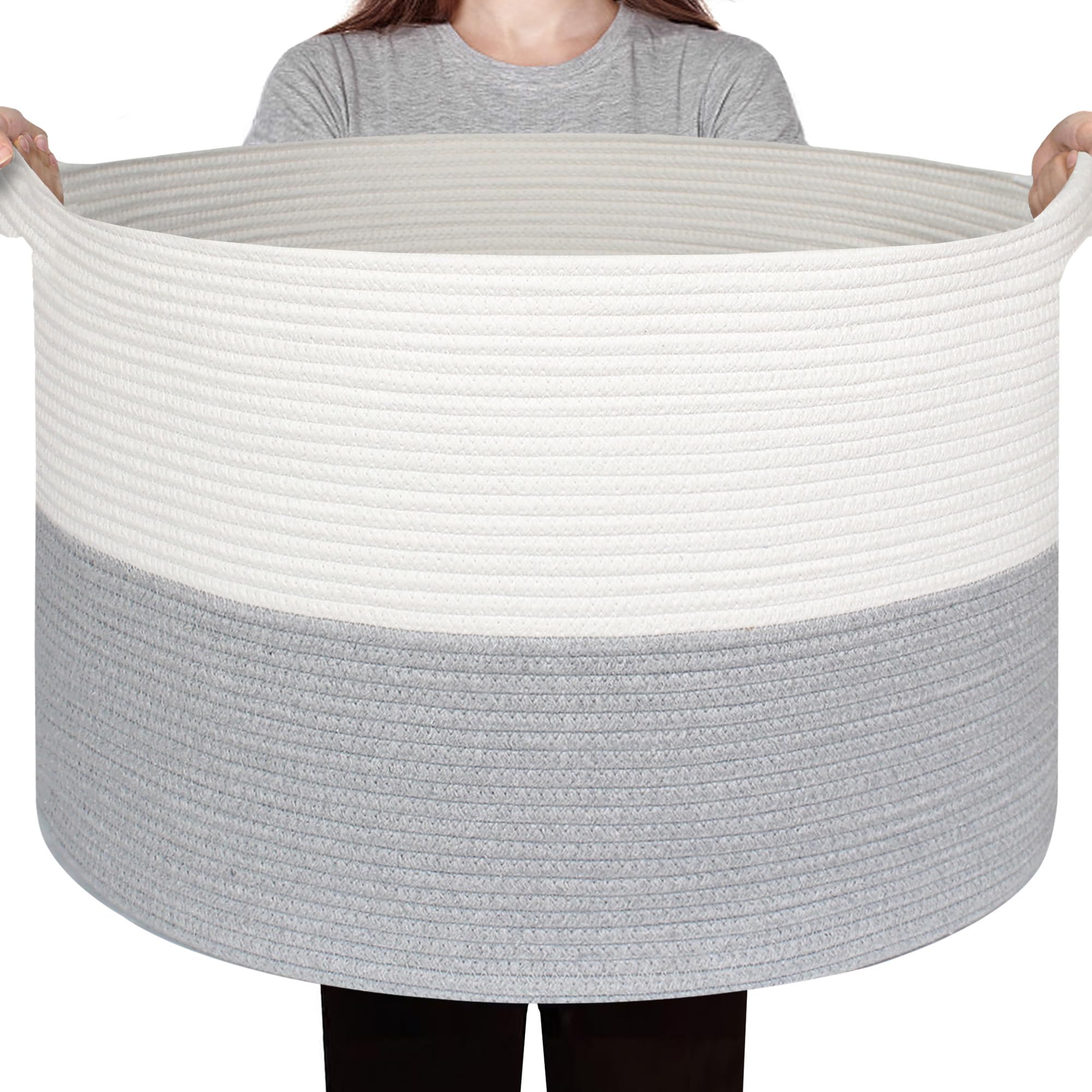 WILLITAT Large Woven Storage Basket, Cotton Rope Blanket Basket, Round Living Room Bedroom Decor, Baby Nursery Large Laundry Washing Basket for Clothes, 55x35cm, 83L, Grey