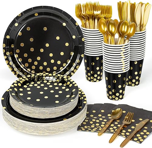 DECORLIFE 350 piezas de suministros de fiesta negros y dorados sirven 50 vajillas desechables para fiestas, vasos de 12 onzas, platos, servilletas,